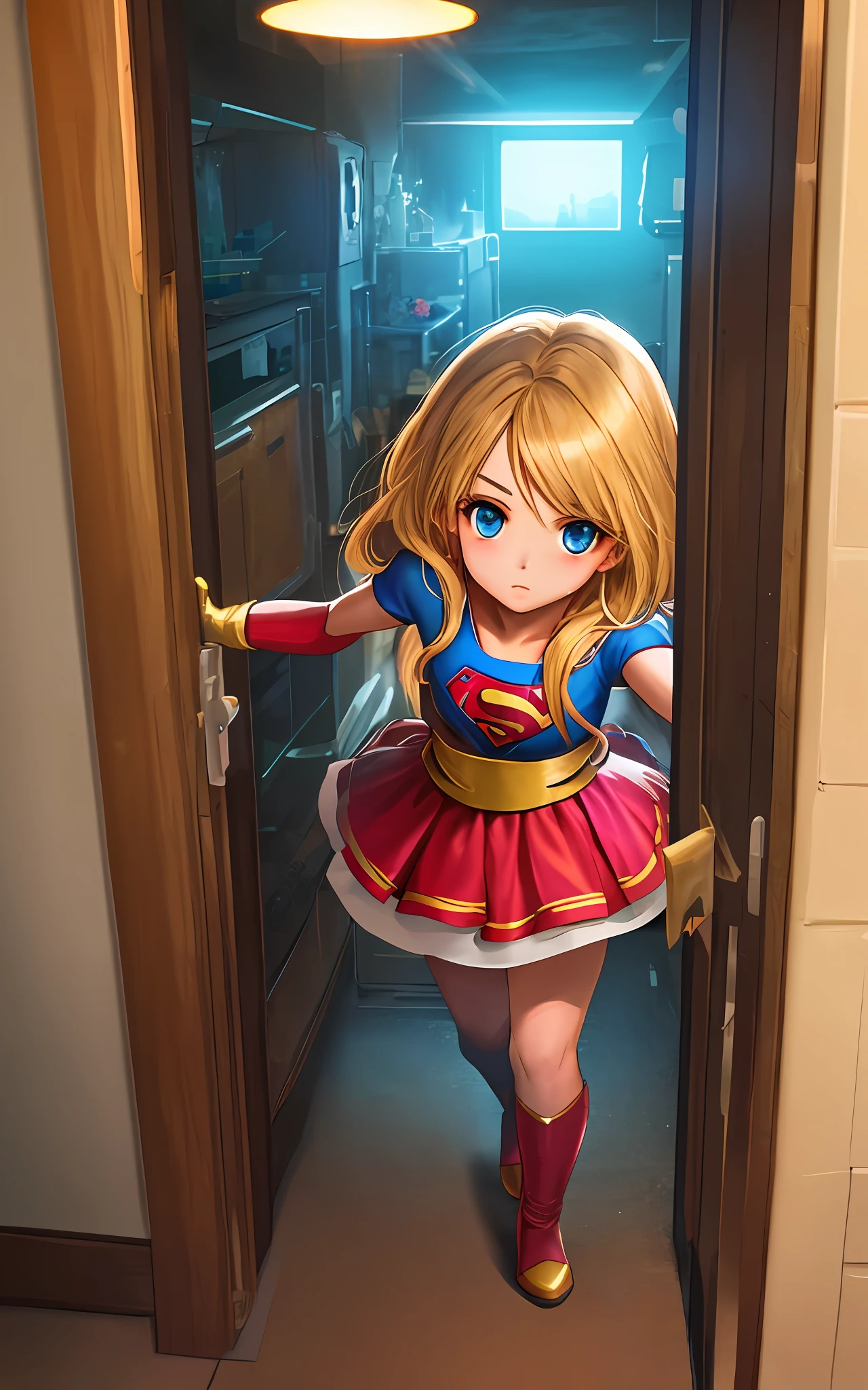 best quality, high detailed, tween Columbian girl with bangs in Supergirl outfit standing in the door of the bedroom, dramatic lighting