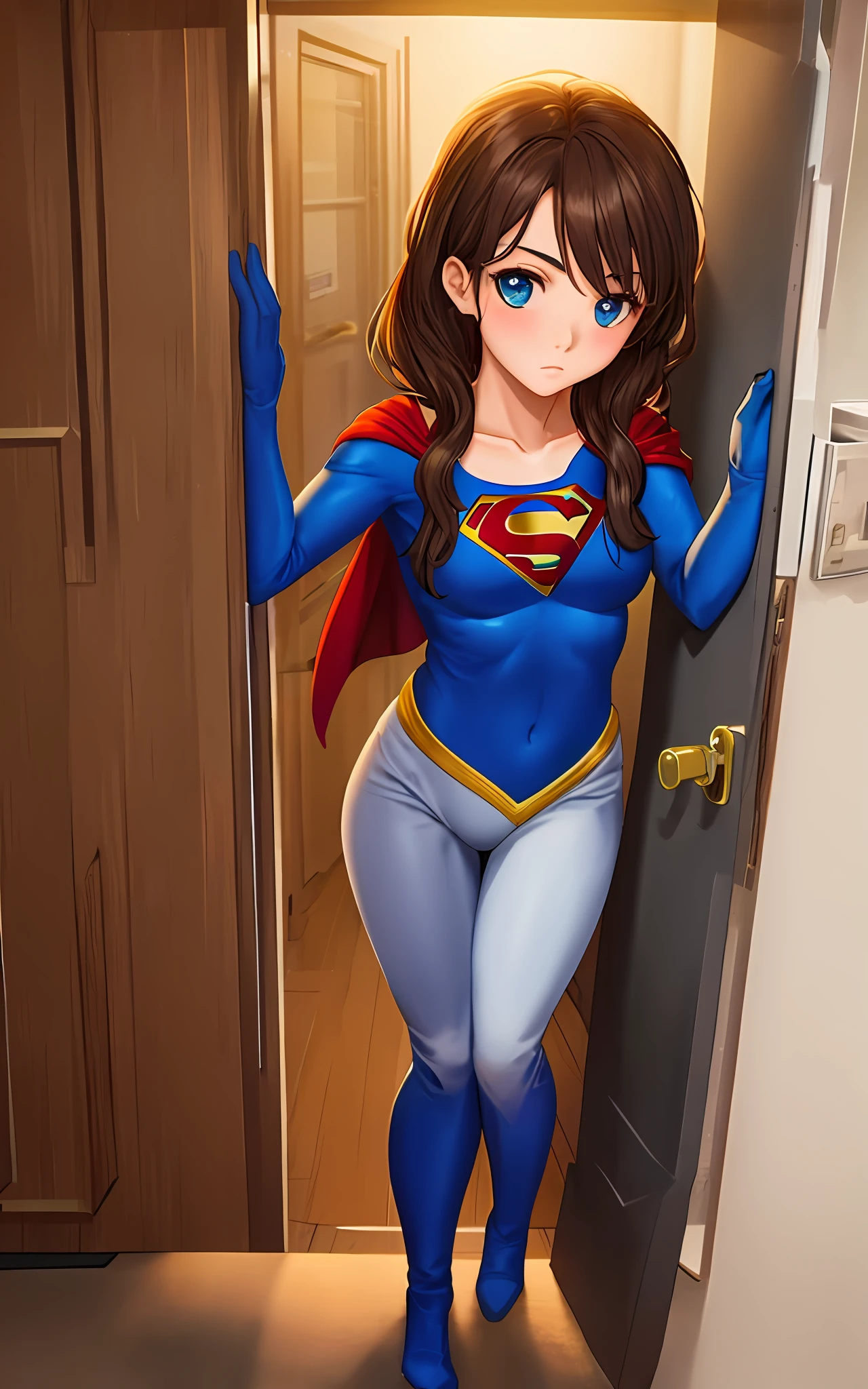 best quality, high detailed, tween Columbian girl with bangs in Supergirl outfit standing in the door of the bedroom, dramatic lighting