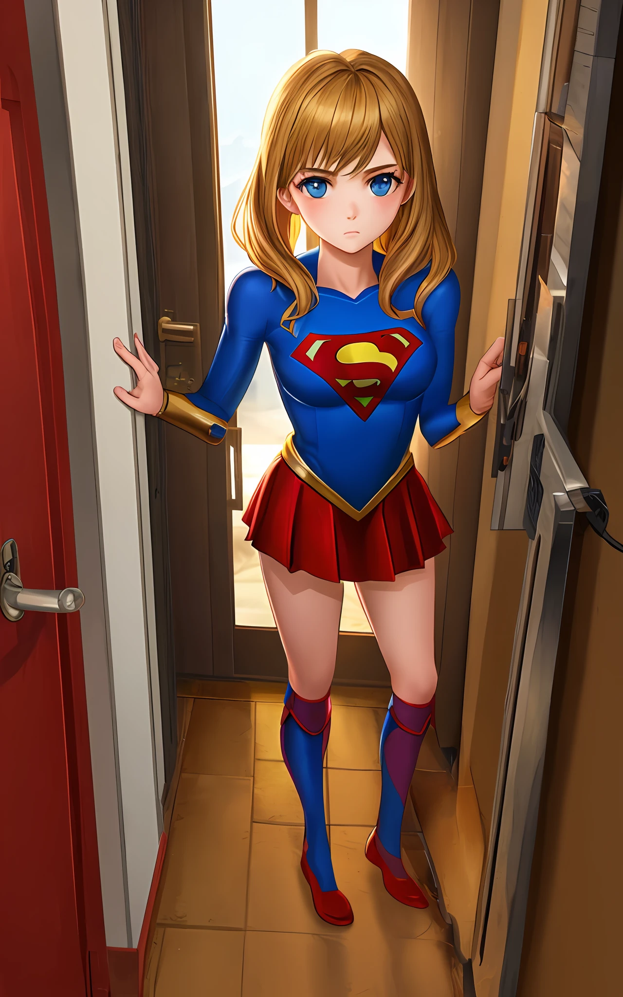 best quality, high detailed,  tween Columbian girl with bangs in Supergirl outfit standing in the door of the bedroom, dramatic lighting