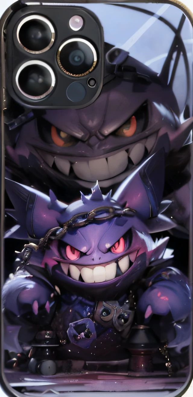 Pokémon，Geng ghost，a close up of a phone case with a pokemon character, gengar, full art, nefarious smirk, spiky skin, grinning sinisterly, smug smirk, evil grin smile, guggimon, wide evil grin, Ghastly, nefarious smirk, high detailed official artwork, Evil expression, smug look, mad grin, cell cover style，Pokémon，Geng ghost，God of gamblers，Large gold chain，Lunette de soleil，playingcards，cyber punk perssonage，(best qualtiy:1.2，tmasterpiece)，arma，standing on your feet，redesign，piercingeyes，greybackground，(simplebackground:1.1)，Dark City background，higher details,8K