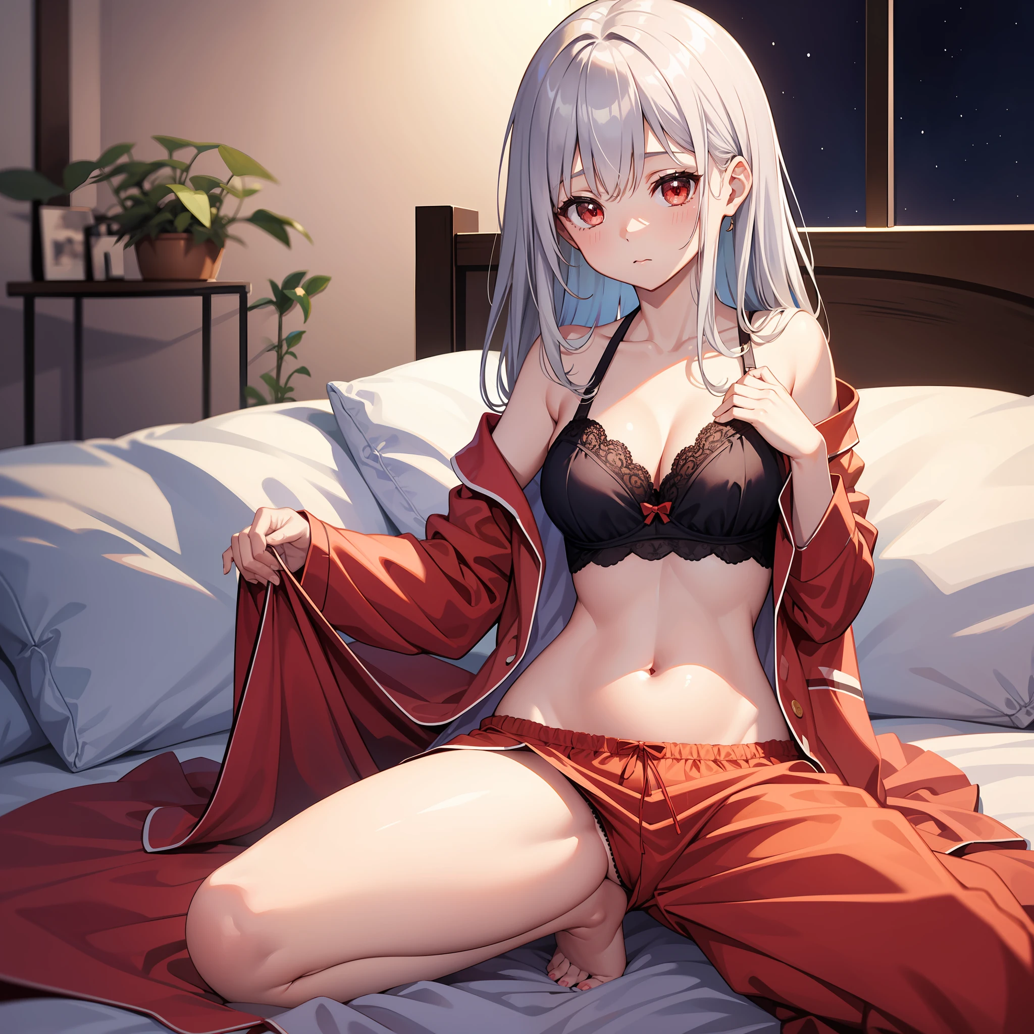Silver-haired red-eyed li barefoot lying on bed,Show the whole body,Wear leaky belly button pajamas and miniskirts,,She lifted her pajamas with one hand to reveal her bra,One hand lifted the nightdress to reveal the panties,She looked shy,high high quality,ultra - detailed,There is a vest line,one-girl