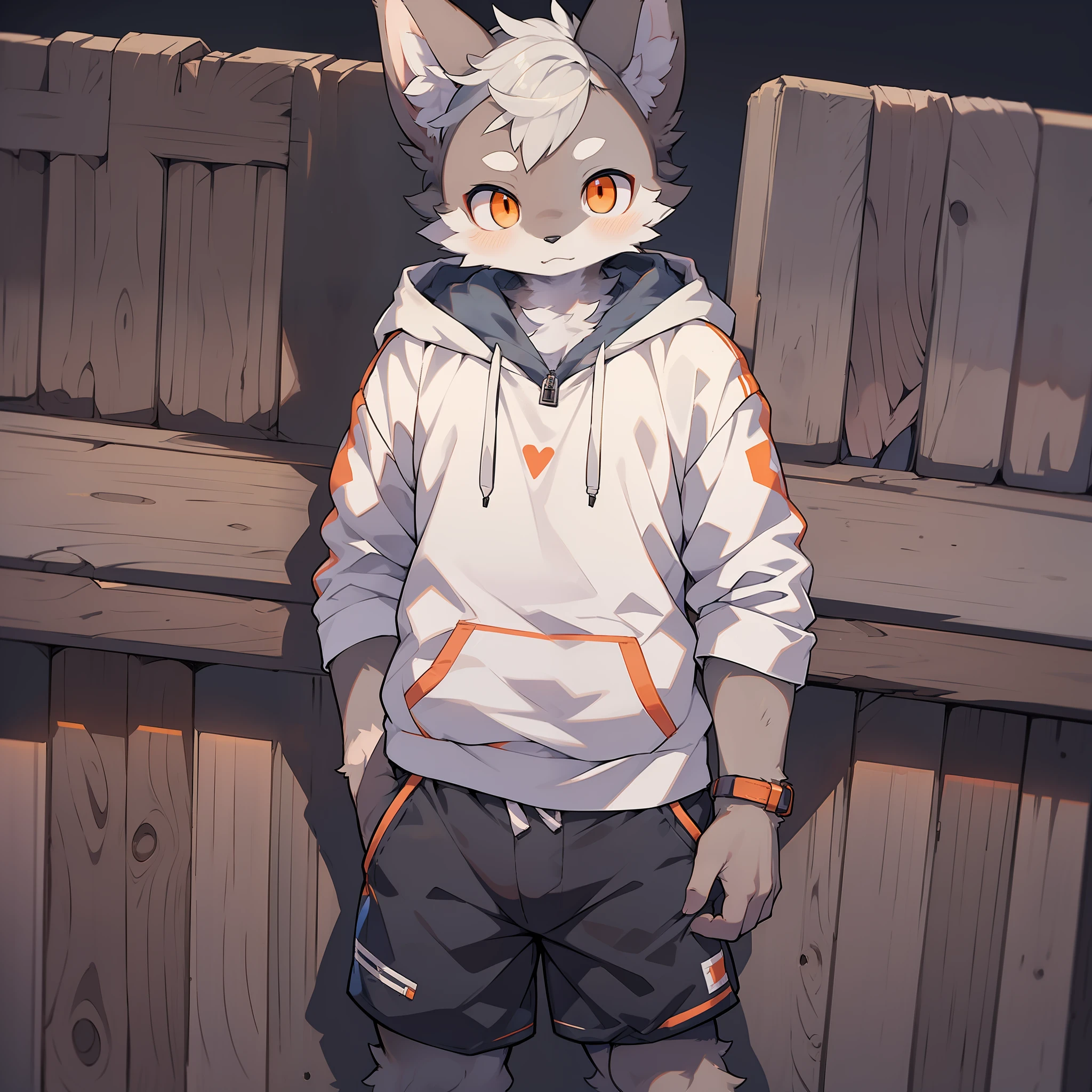 shota,furry,cute,lovely,navy blue fur,white ears,orange eyes,hoodie,gray shorts,cold lights,night,fantastic shadow light,male,wolf,big bump in the shorts,blush,seem like very shy