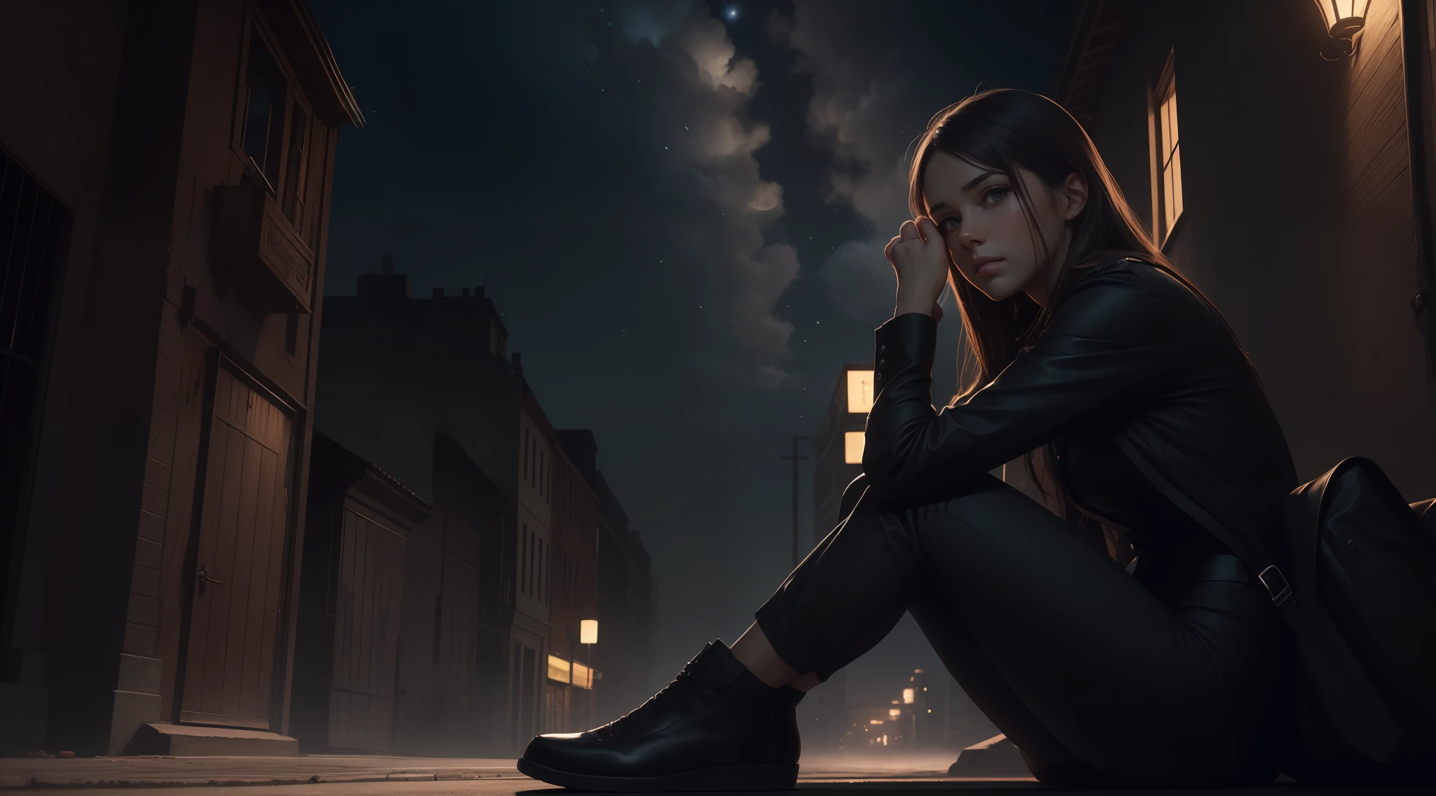 25-year-old woman sits at the top of the building in black suit, triste, Cabello negro ancho, ojos azules,((noche)), (fondo de pantalla CG unidad 8k extremadamente detallado), full shot body photo of the most beautiful artwork in the world, Incredibly beautiful photo realistic cute young woman in the most urban outfit, pecho grande, majestic professional oil painting by Ed Blinkey, Atey Ghailan, Estudio Ghibli, por Jeremy Mann, Greg Manchess, Antonio Moro, tendencia en ArtStation, tendencia en CGSociety, intrincado, Alto detalle, foco nítido, dramatic and photorealistic art by Midjourney and Greg Rutkowski,(8k, La mejor calidad, obra maestra:1.4), (Stunningly Detailed), (alta nitidez), ((Detailed facial features)), (piel finamente detallada), (((viendo el cielo estrellado))), ((((((manos ocultas))))))