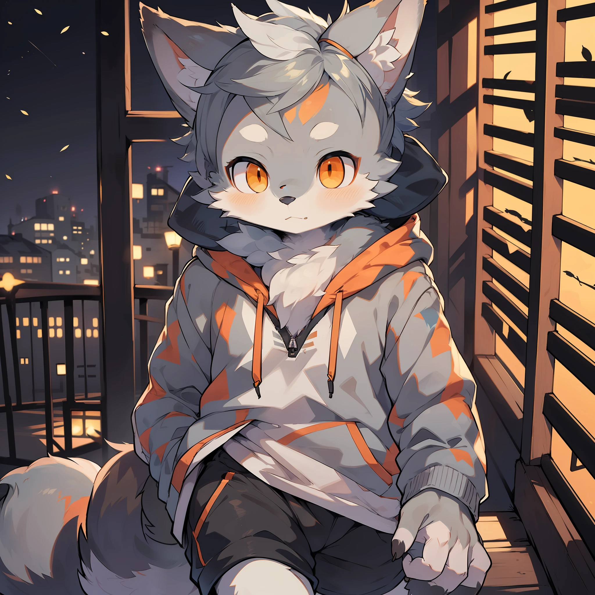 shota,furry,cute,lovely,navy blue fur,white ears,orange eyes,hoodie,gray shorts,cold lights,night,fantastic shadow light,male,wolf,big bump in the shorts,blush,seem like very shy