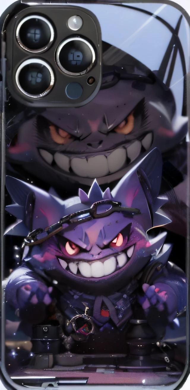 Pokémon,Geng ghost,a close up of a phone case with a pokemon character, gengar, full art, nefarious smirk, spiky skin, grinning sinisterly, smug smirk, evil grin smile, guggimon, wide evil grin, Ghastly, nefarious smirk, high detailed official artwork, Evil expression, smug look, mad grin, cell cover style,Pokémon,Geng ghost,God of gamblers,Large gold chain,Lunette de soleil,playingcards,cyber punk perssonage,(best qualtiy:1.2,tmasterpiece),arma,standing on your feet,redesign,piercingeyes,greybackground,(simplebackground:1.1),Dark City background,higher details,8K