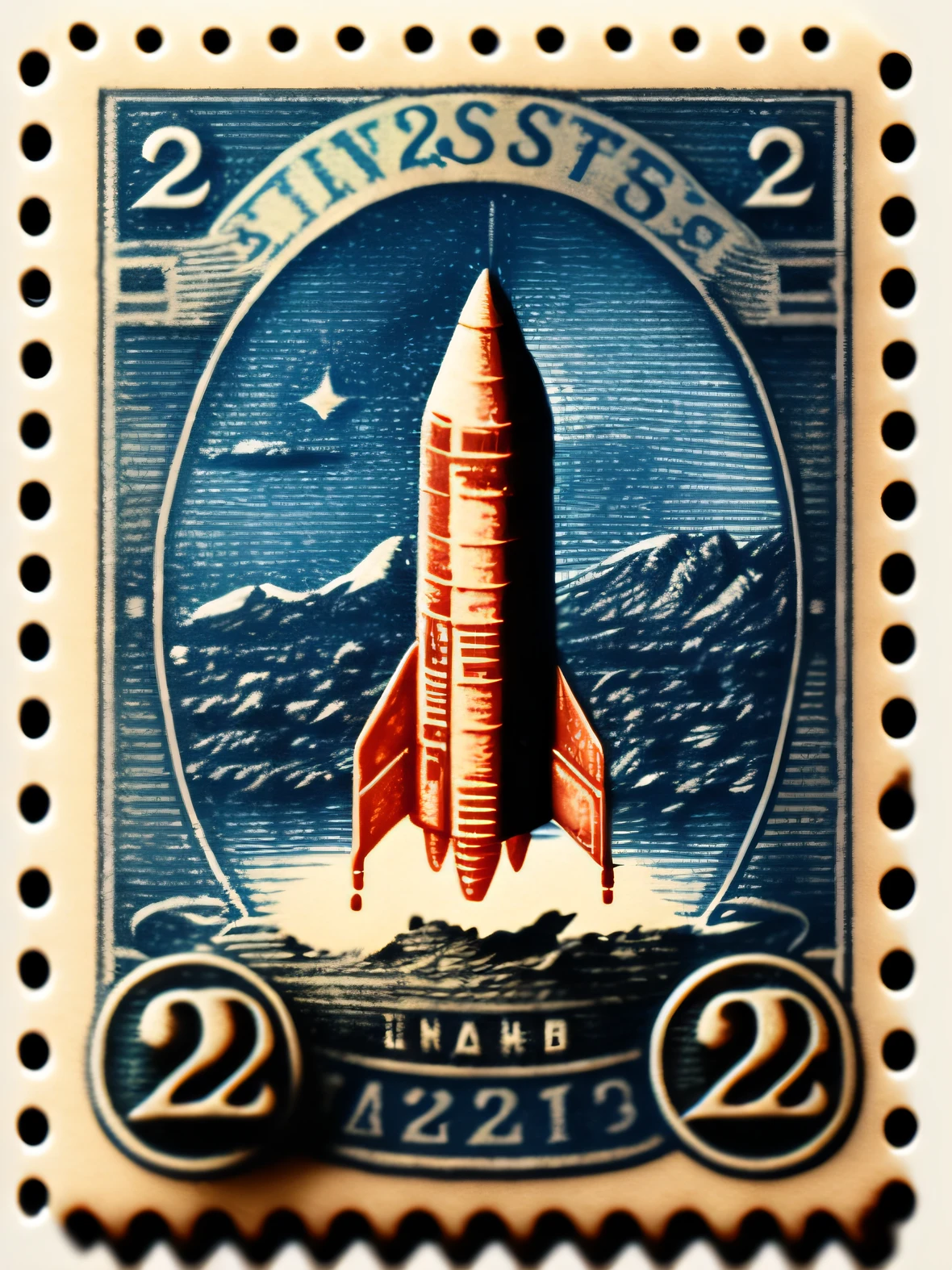 simple clean vintage 2 cent postage stamp of a rocket ship going to the moon, blue ink, line engraving, intaglio