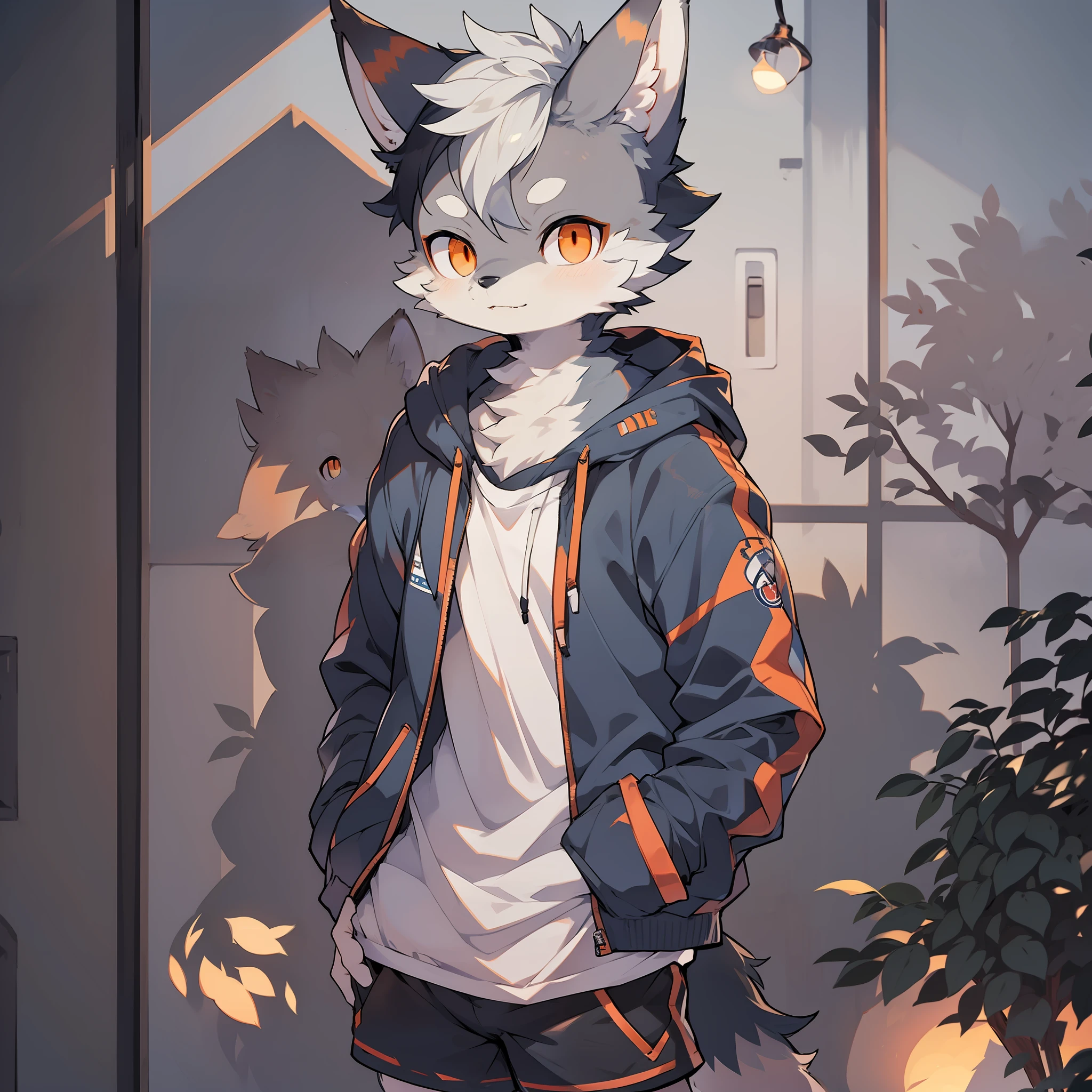 shota,furry,cute,lovely,navy blue fur,white ears,orange eyes,hoodie,gray shorts,cold lights,night,fantastic shadow light,male,wolf