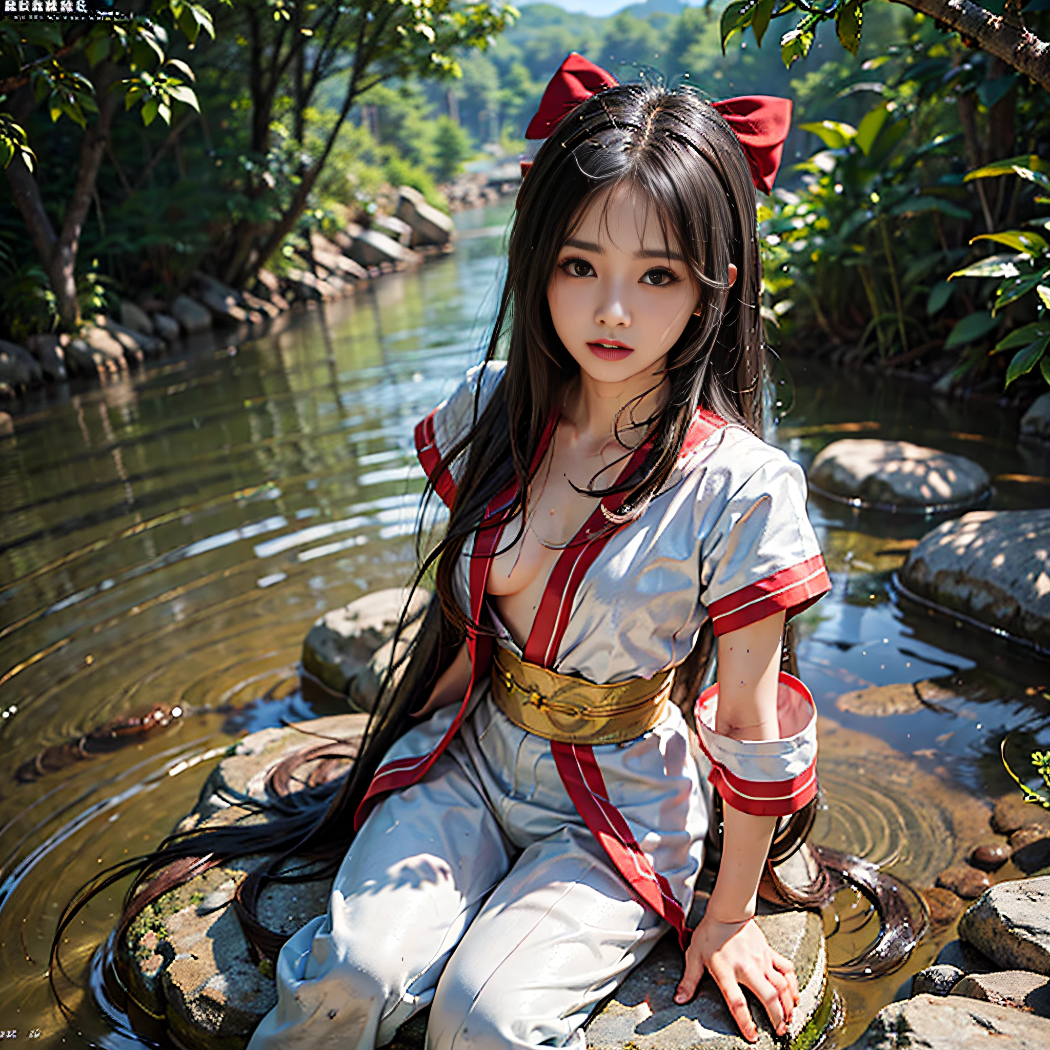 masterpiece、hight resolution、top-quality、(Photorealsitic:1.4)、1人, Clear stream deep in the mountains、falls、Bathing in water、Nakoruru, Light smile, Official art,Red bow, the bow, length hair, Hair Bow, Wet clothes、Wet skin、ainu clothes, 独奏, Hair Band, a bird, Black-haired, Fingerless gloves, shortsleeves, gloves, Underpants, bangss, red hairband, Brown-eyed, White pants, Komono, (Small breasts、Chest exposure、Bare legged、bare-legged:1.5)、Dramatic lighting and shadows、Solar flares、lensflare、Blurred foreground、(Film Lighting)、Soft lighting、dynamic ungle、cinematlic lighting、Dynamic angles