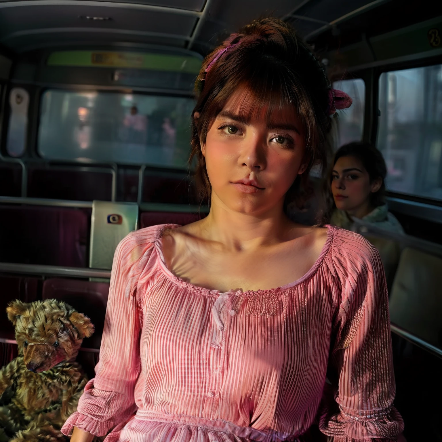 uma jovem de 18 anos, rosto delicado, Pele rosa, olhos verdes, peito grande, muito, sheer pink dress holding a teddy bear, sentado com apena aberta mostrado para camera, deitado na cama com as pernas aberta amarrada , on the bus