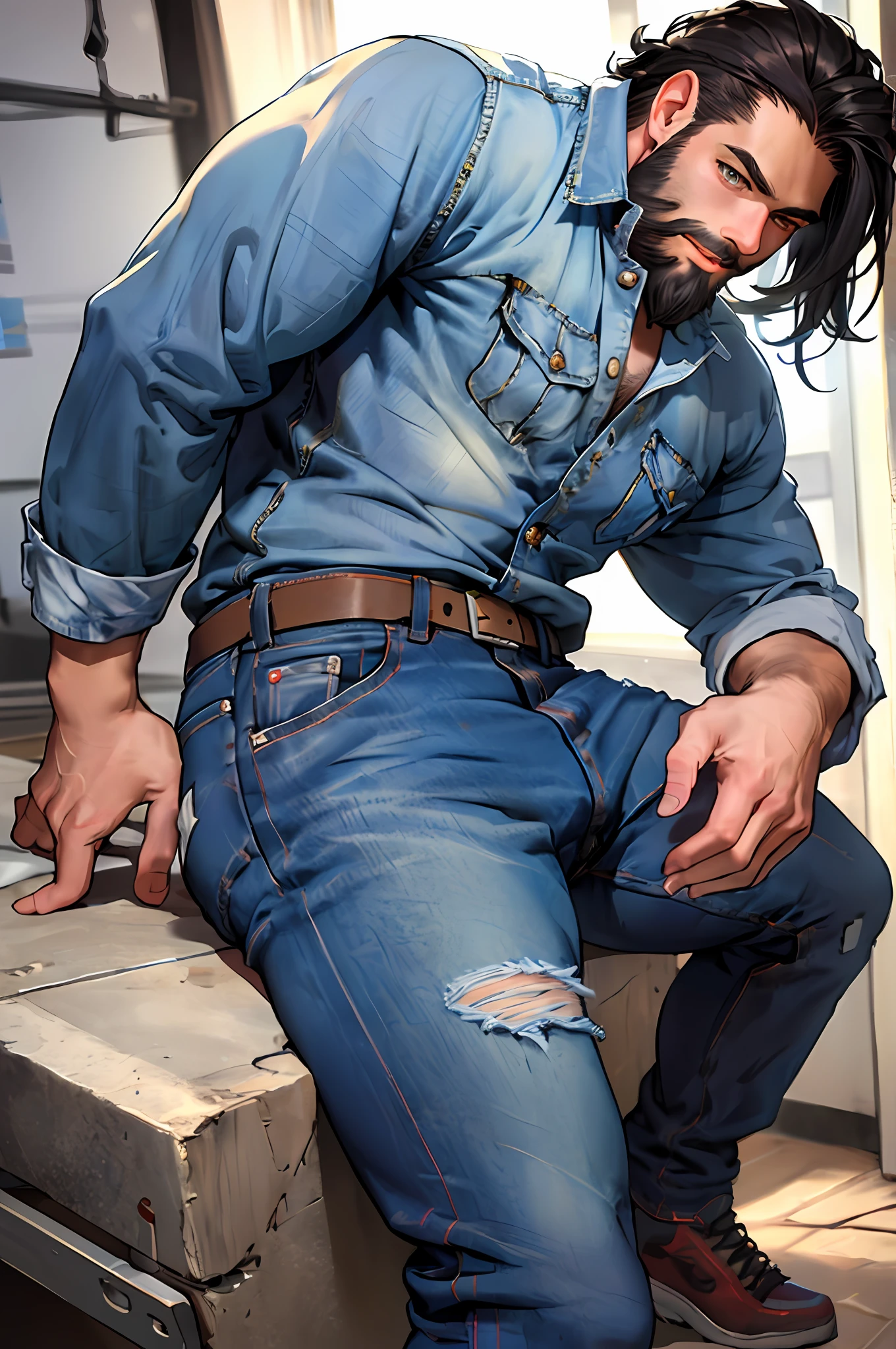 (Masterpiece),Best quality,Nperson is a confident young sports athlete, Nname:eon,(full_Beard, Jeans:1.3),Western cinematic style shooting techniques。NSFW gay muscular male