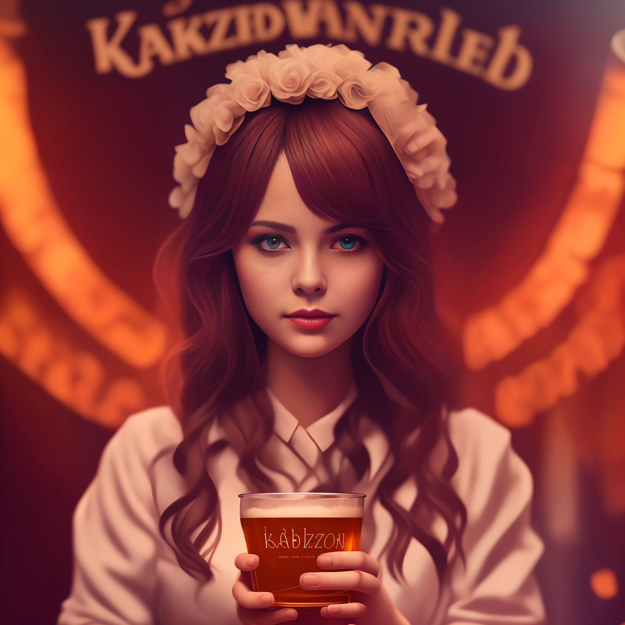 wonderland girl holding a cup of beer, background words 'KABZON', detailed, 4k, cinematic perspective,