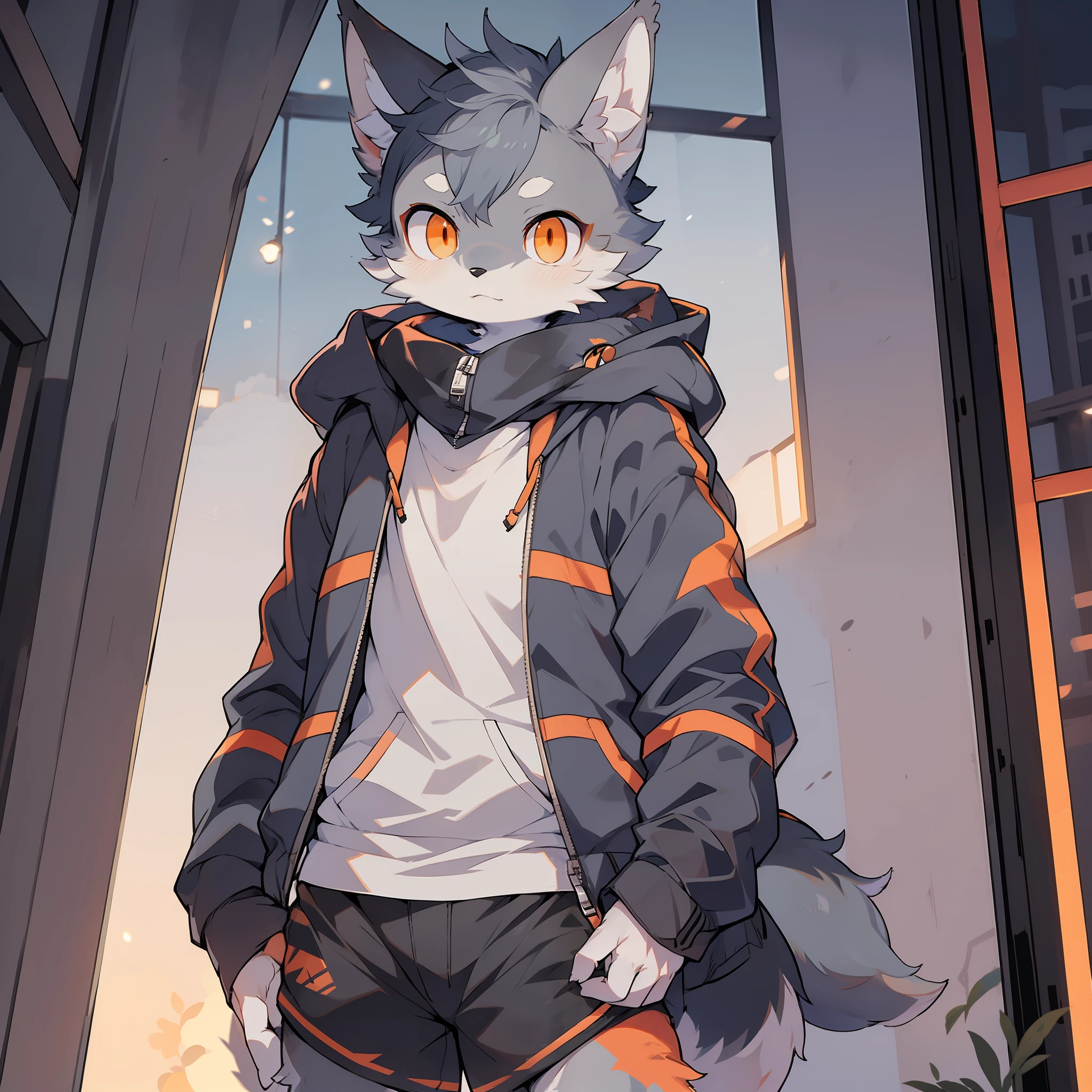 shota,furry,cute,lovely,navy blue fur,white ears,orange eyes,hoodie,gray shorts,cold lights,night,fantastic shadow light,male,wolf