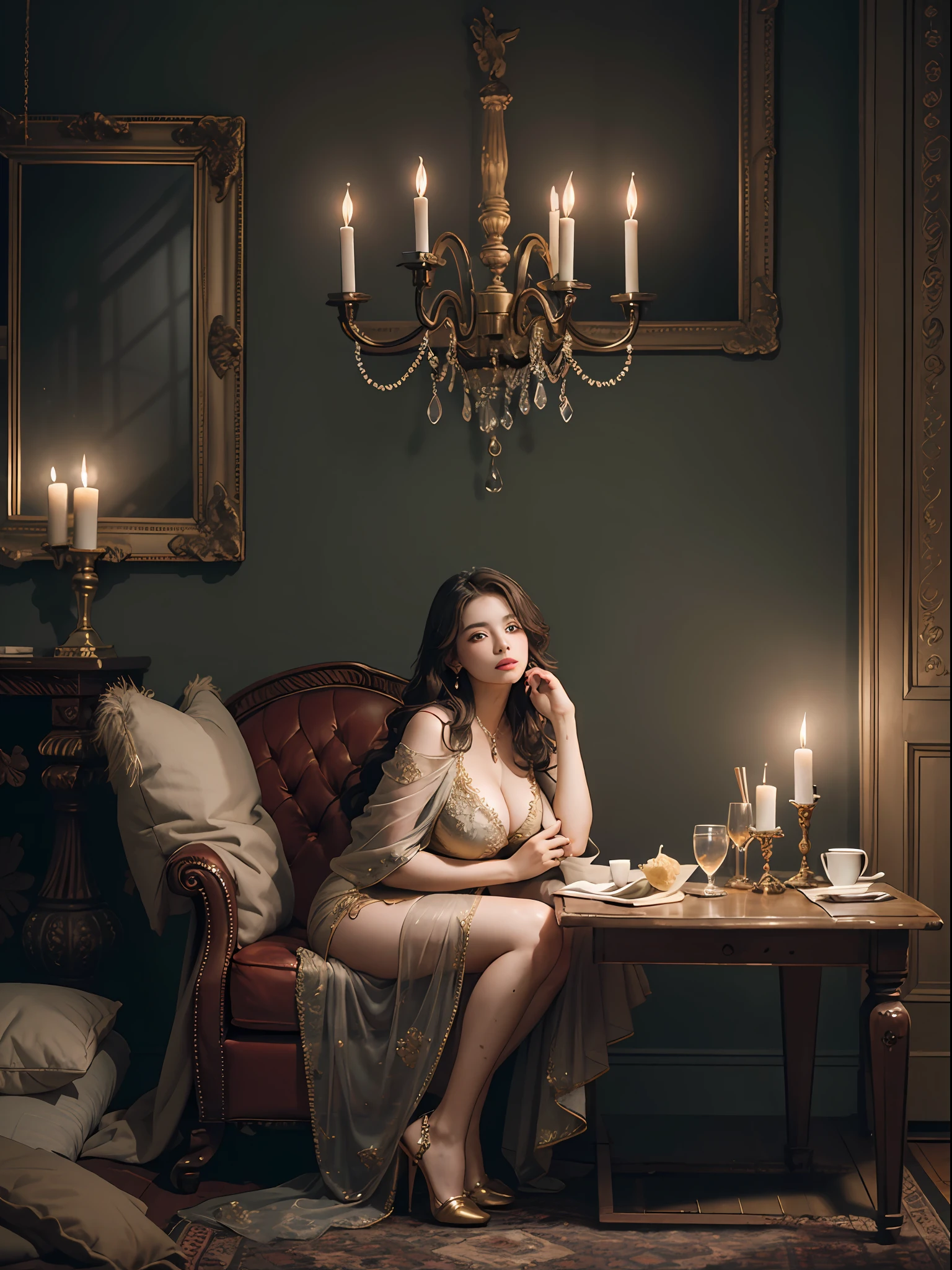royal library，woman sitting at the table writing a letter, in antique armchair, in front of her different shaped bottles with different colored liquids in it, candlesticks with candles, soft blurry front light, elegant antique environment, in the background columns and statues made of glass, in18th century Baroque style darkened room, antique furnitures, draperies, bokeh, glow, reflections, soft light rays, neutral colors, insanely intricate details, amazing fine detail, photorealistic, hyperrealistic, lifelike texture, dynamic composition, contrast lighting, cinematic lighting, filmstill, sharp focus, wide angle, ((great depth of field)), raw photo, photon metering, dslr, 8k, ultra high res, hyper detailed, Award - winning photograph, Masterpiece, photography with Hasselblad, f5.6 lens 500mm, Kodak Portra 400 4x5, 1 girl，solo，european，beautiful princess，perfect face, beautiful face, perfect female body, light smile，extra long wavy brown hair, highly detailed hair，green eyes，mature female，crown，golden gossamer cloak，golden gossamer coat，golden gossamer shawl，golden gossamer skirt，golden lace underwear，golden thong，golden gossamer gloves，necklace，earrings，jewels，jewelry，head ornaments，hands ornaments，legs ornaments，high heels，huge breasts，large breasts，big boob，Burst breasts，Big breasts，Plump breasts，Expose breasts，uncovered breasts，Narrow waist，Bare ass，big ass，bare belly，bare navel，wet，wet body，sweating body，shiny skin，pubic hair，
