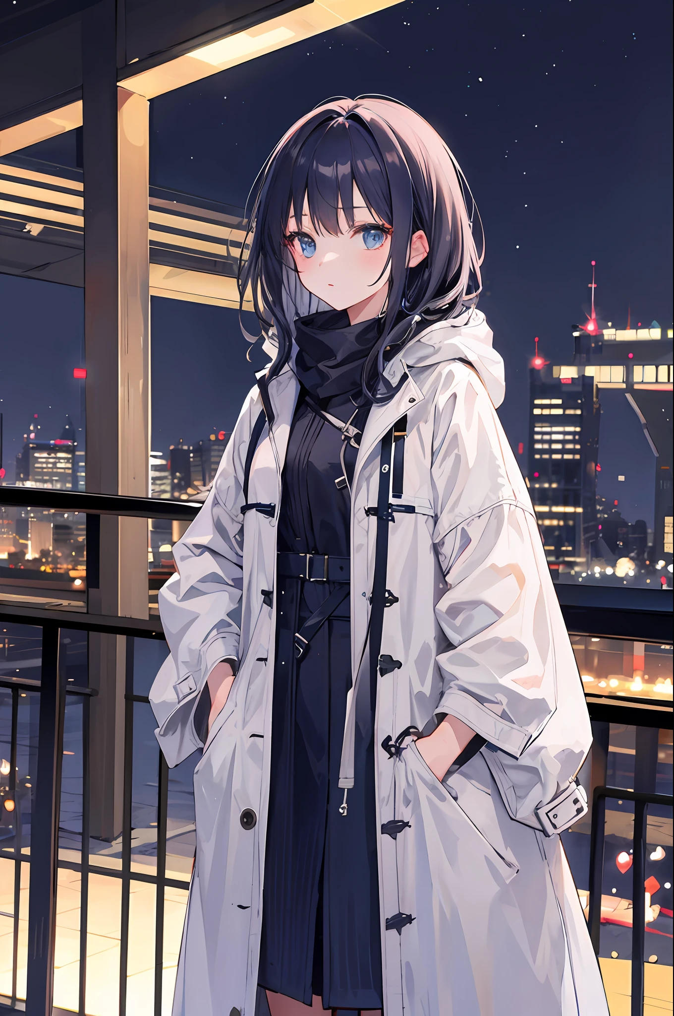 1girl,nightcity,Sateen,coat large,Put your hands in your pockets,Cute beautiful girl,White,nordic