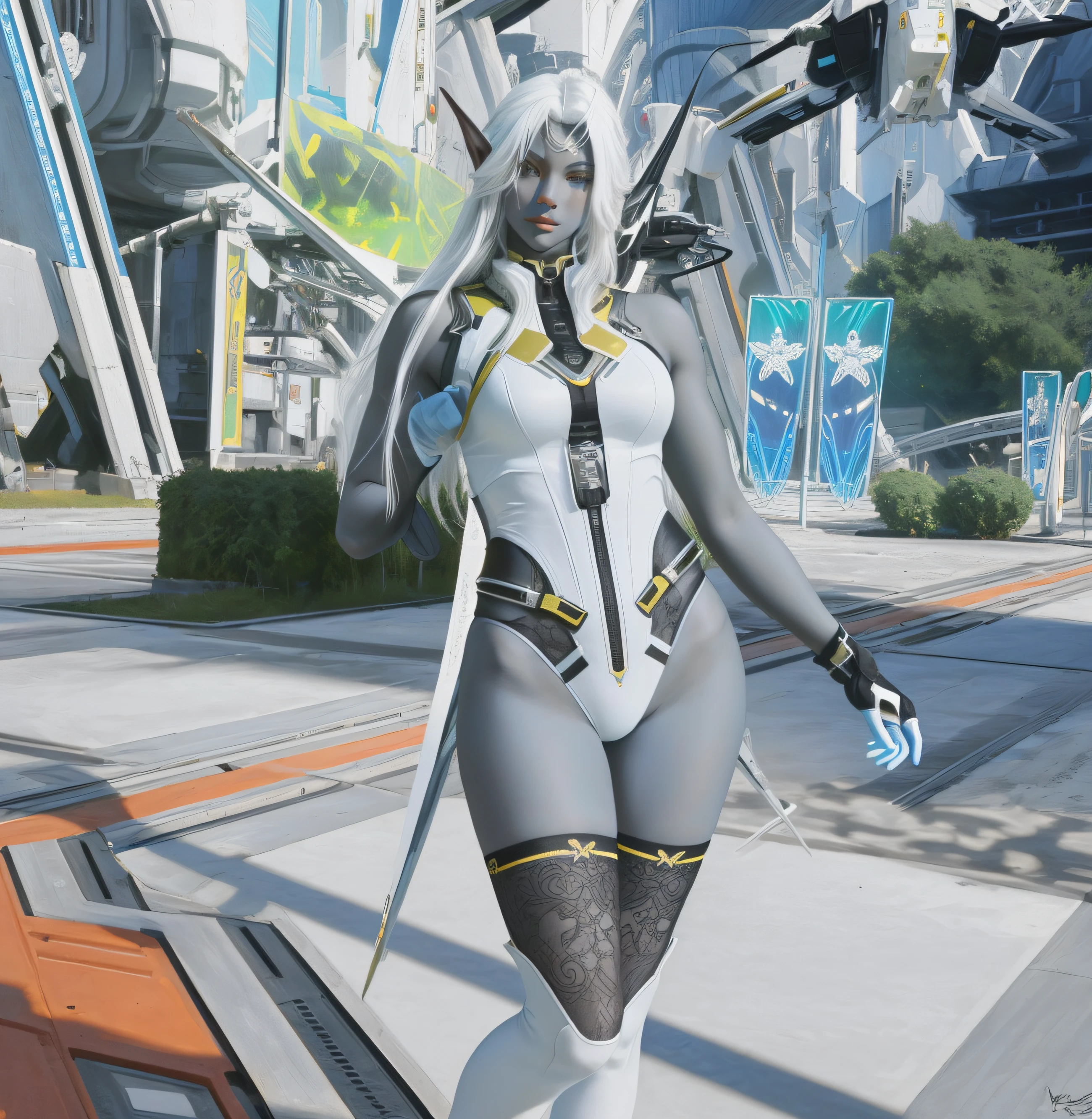 ((masterpiece,best quality)), Blue-skinned Dark Elf woman with long white hair, in white black and yellow high cut Sci-fi leotard, black and yellow gloves, black yellow and white long stockings, standing in futuristic town, realistic art style, intricate details