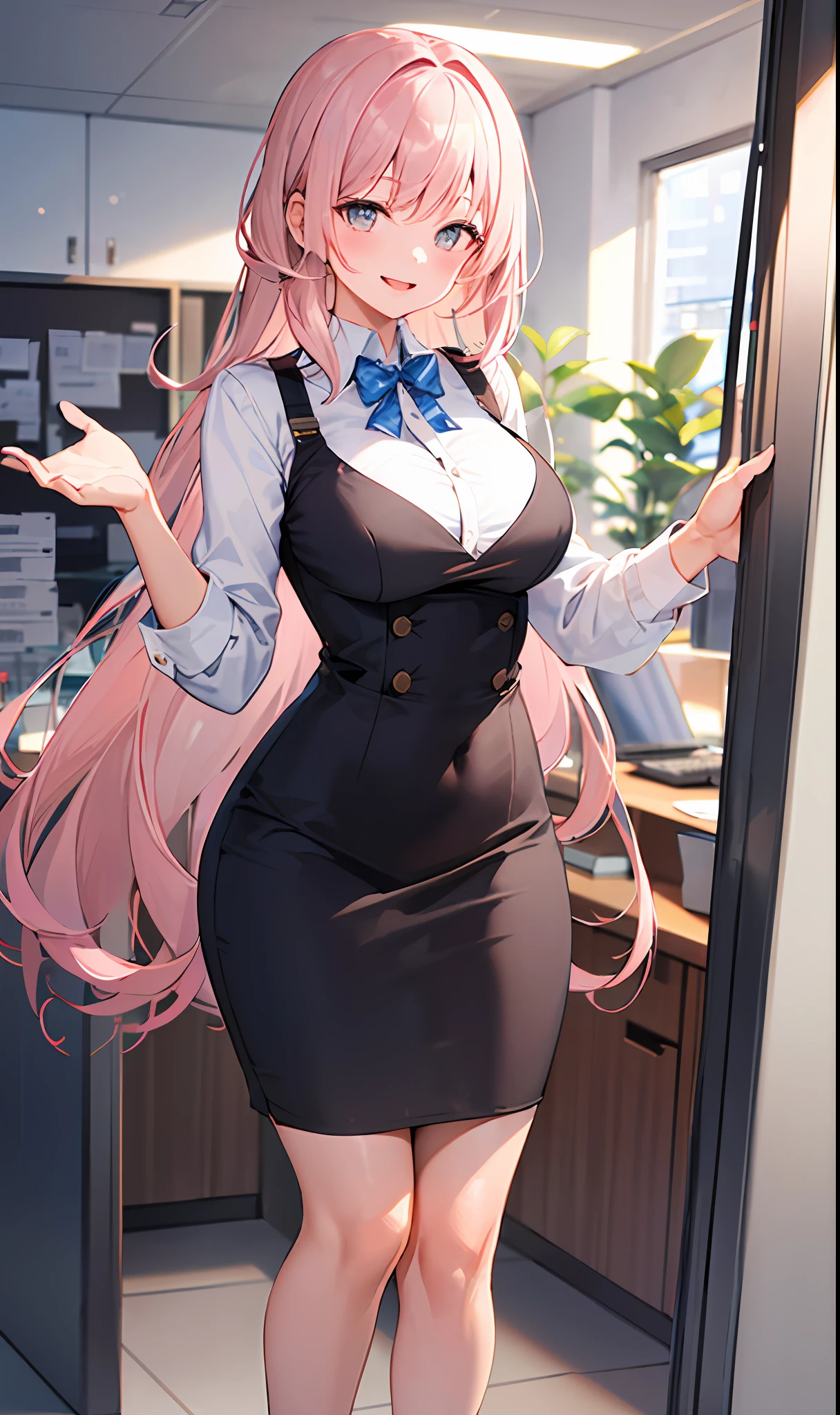 ((masterpiece, best)),(1girl),((mature woman)), light pink hair, dizzy, trumpet, ((office lady)), bangs, mid-chest, (full), slim, smiling, [wide hips] ,office,standing, aru \(blue archive\),