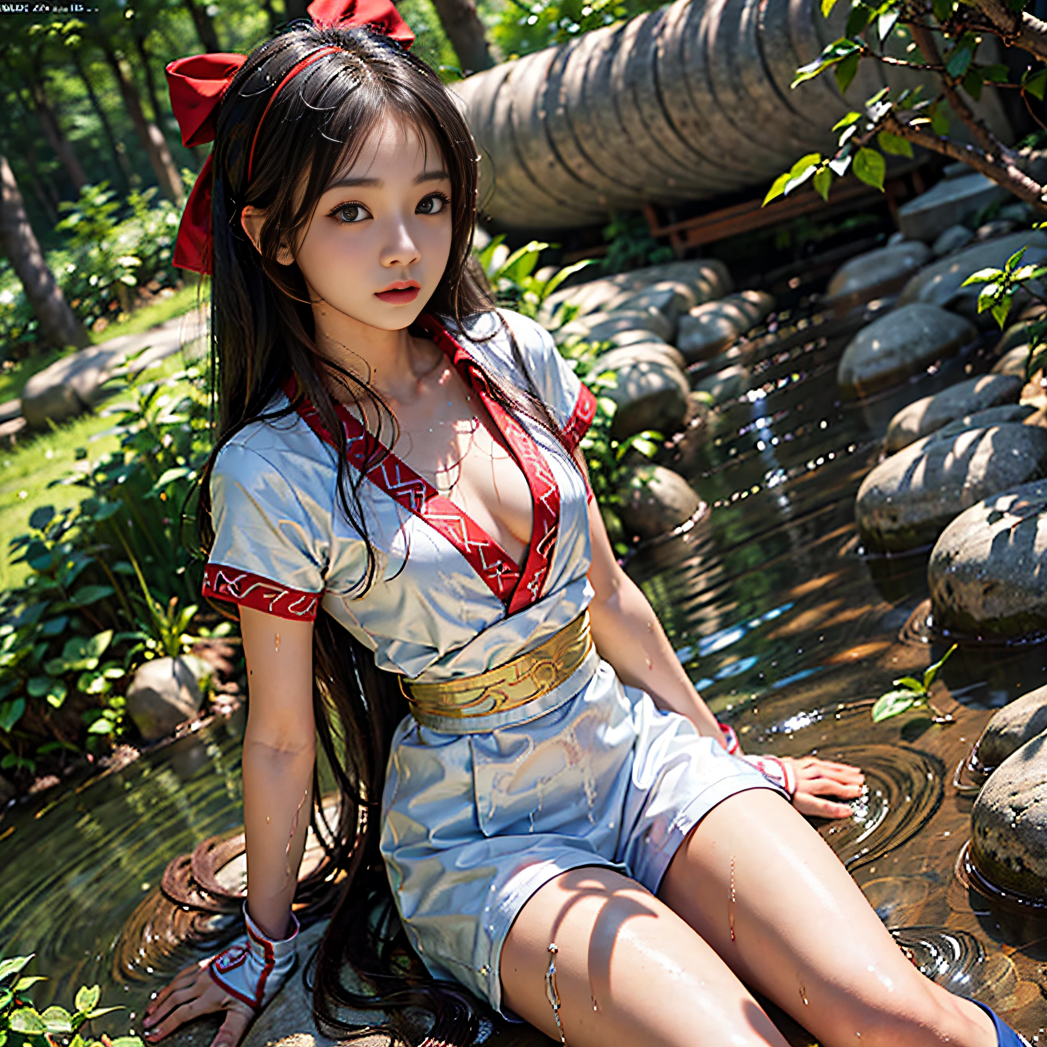 masterpiece、hight resolution、top-quality、(Photorealsitic:1.4)、1人, Clear stream deep in the mountains、falls、Bathing in water、Nakoruru, Light smile, Official art,Red bow, the bow, length hair, Hair Bow, Wet clothes、Wet skin、ainu clothes, 独奏, Hair Band, a bird, Black-haired, Fingerless gloves, shortsleeves, gloves, Underpants, bangss, red hairband, Brown-eyed, White pants, Komono, (Small breasts、Chest exposure、Bare legged、bare-legged:1.5)、Dramatic lighting and shadows、Solar flares、lensflare、Blurred foreground、(Film Lighting)、Soft lighting、dynamic ungle、cinematlic lighting、Dynamic angles