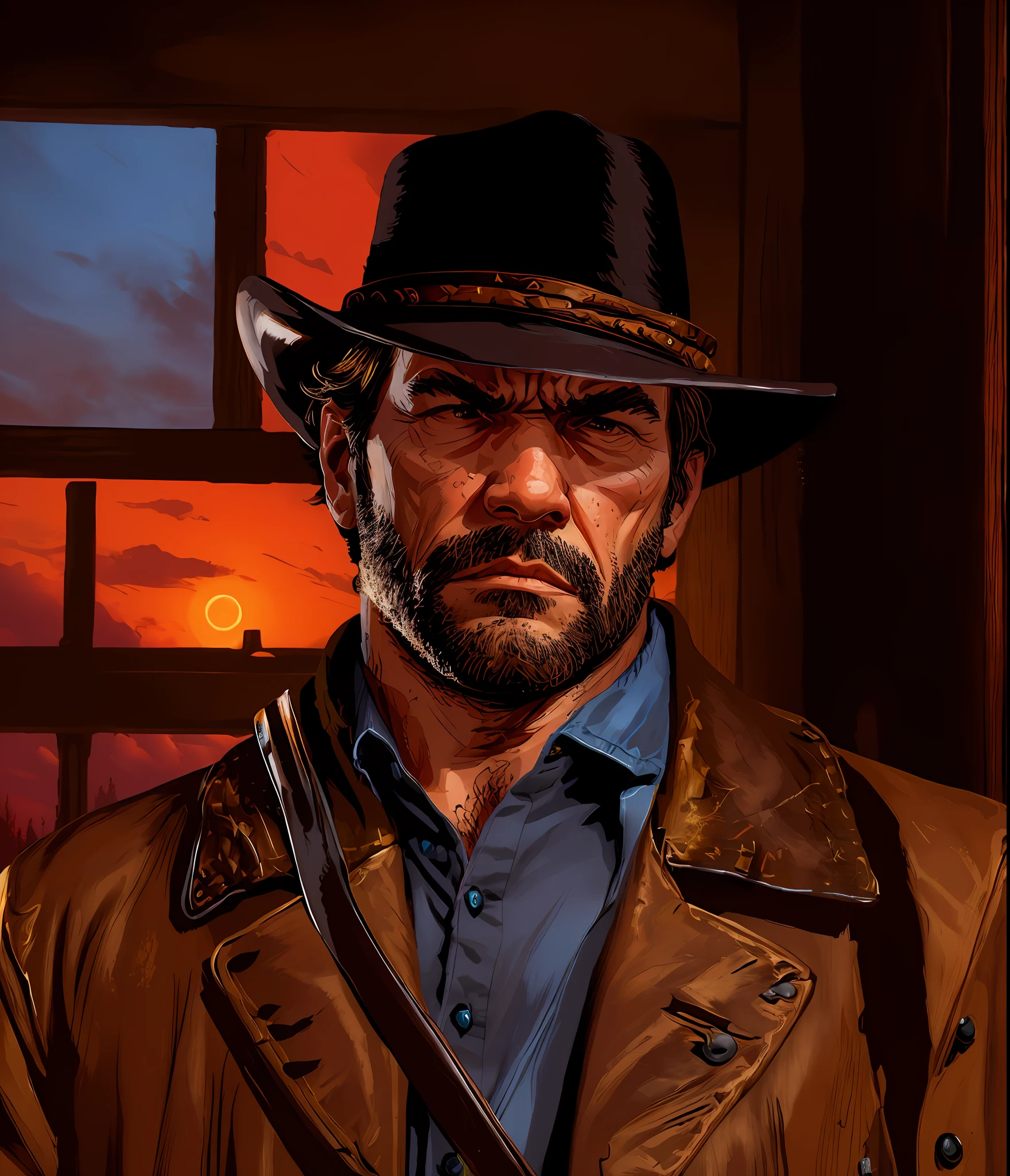 R3DD34Dstyle, digital portrait,  arthur morgan, sad, cowboy hat, brown jacket, blue shirt, red sky,