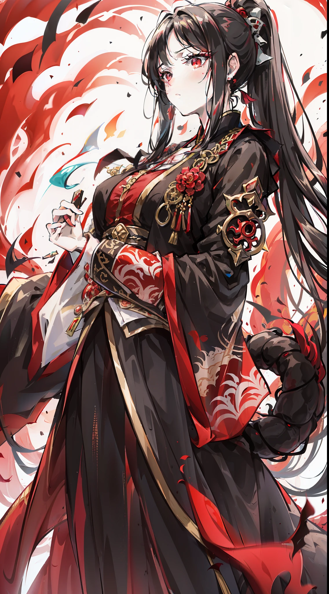 cool guy,robe,Hanfu,Red gradient eyes,High ponytail,Long dark hair,floated hair,Black and red period costume,Dragon-patterned battle robe