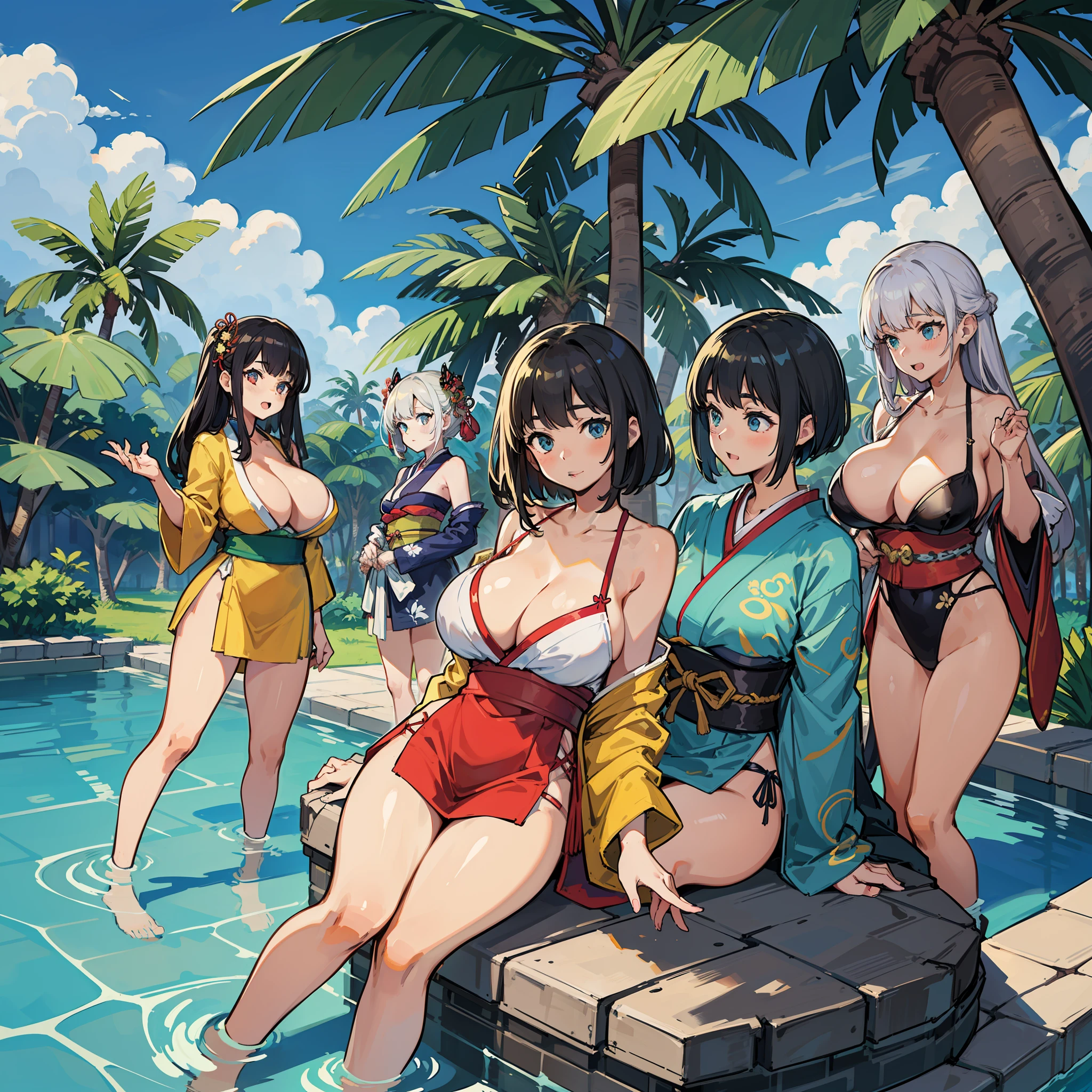 This photo is an illustration of five beautiful girls in traditional Japanese costumes standing in a shallow pool. Big breast,Each girl wears a unique and colorful patterned costume. The background features a tropical setting，Palm trees and blue sky. Water splashed at their feet, big breast,creating a vibrant and lively atmosphere. The overall mood of the image is joyful and festive. Ultra-high-definition graphics, Ultra-clear, Ultra-detailed details, Ultra-high resolution, 8K