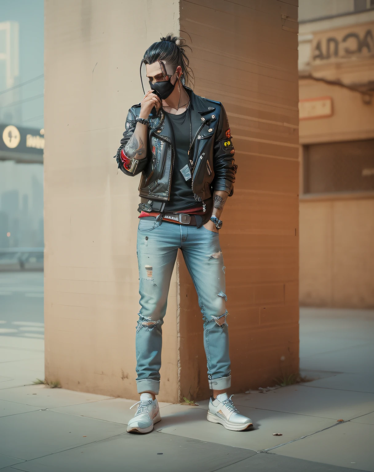 cyberpunk look,realistic,male,full hd,cyberpunk city in background, --auto