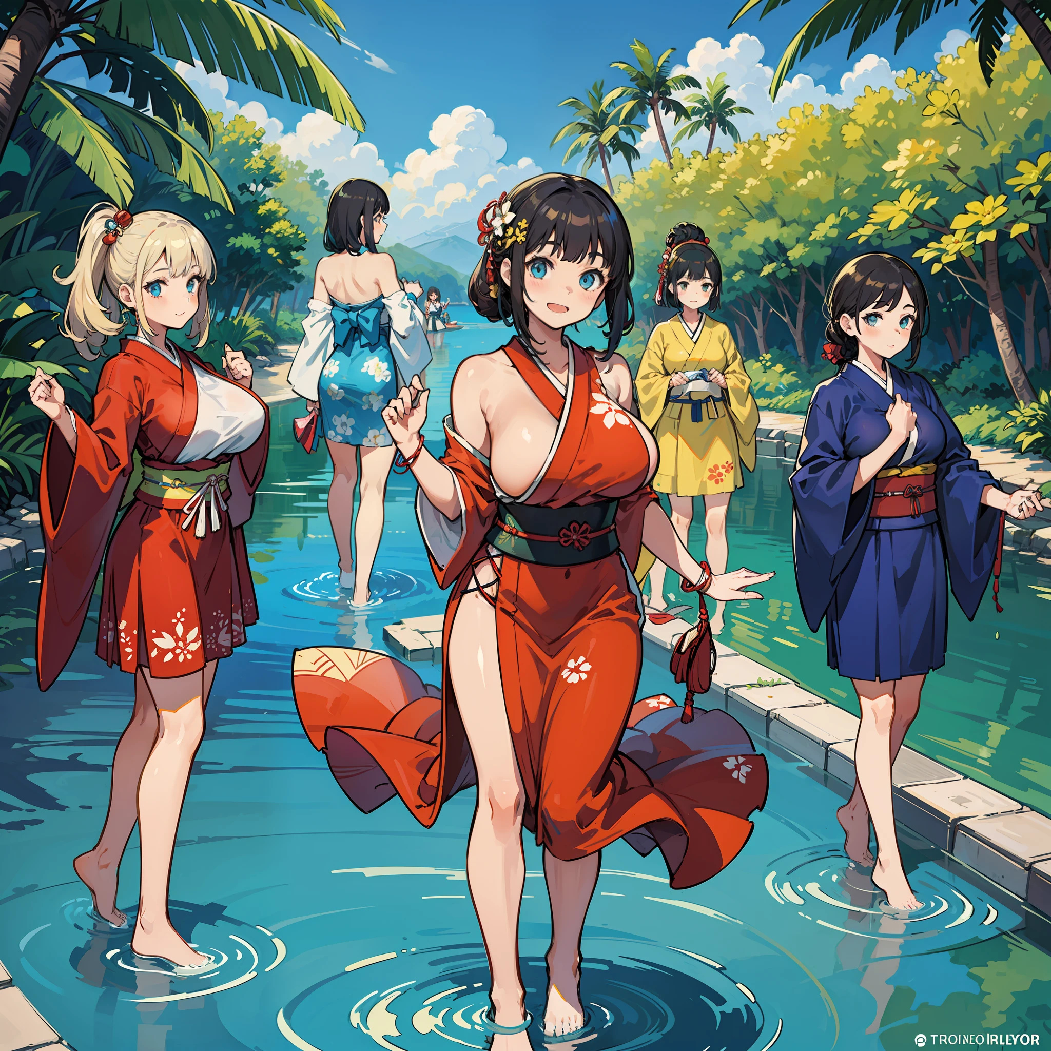 This photo is an illustration of five beautiful girls in traditional Japanese costumes standing in a shallow pool. Big breast,Each girl wears a unique and colorful patterned costume. The background features a tropical setting,Palm trees and blue sky. Water splashed at their feet, big breast,creating a vibrant and lively atmosphere. The overall mood of the image is joyful and festive. Ultra-high-definition graphics, Ultra-clear, Ultra-detailed details, Ultra-high resolution, 8K