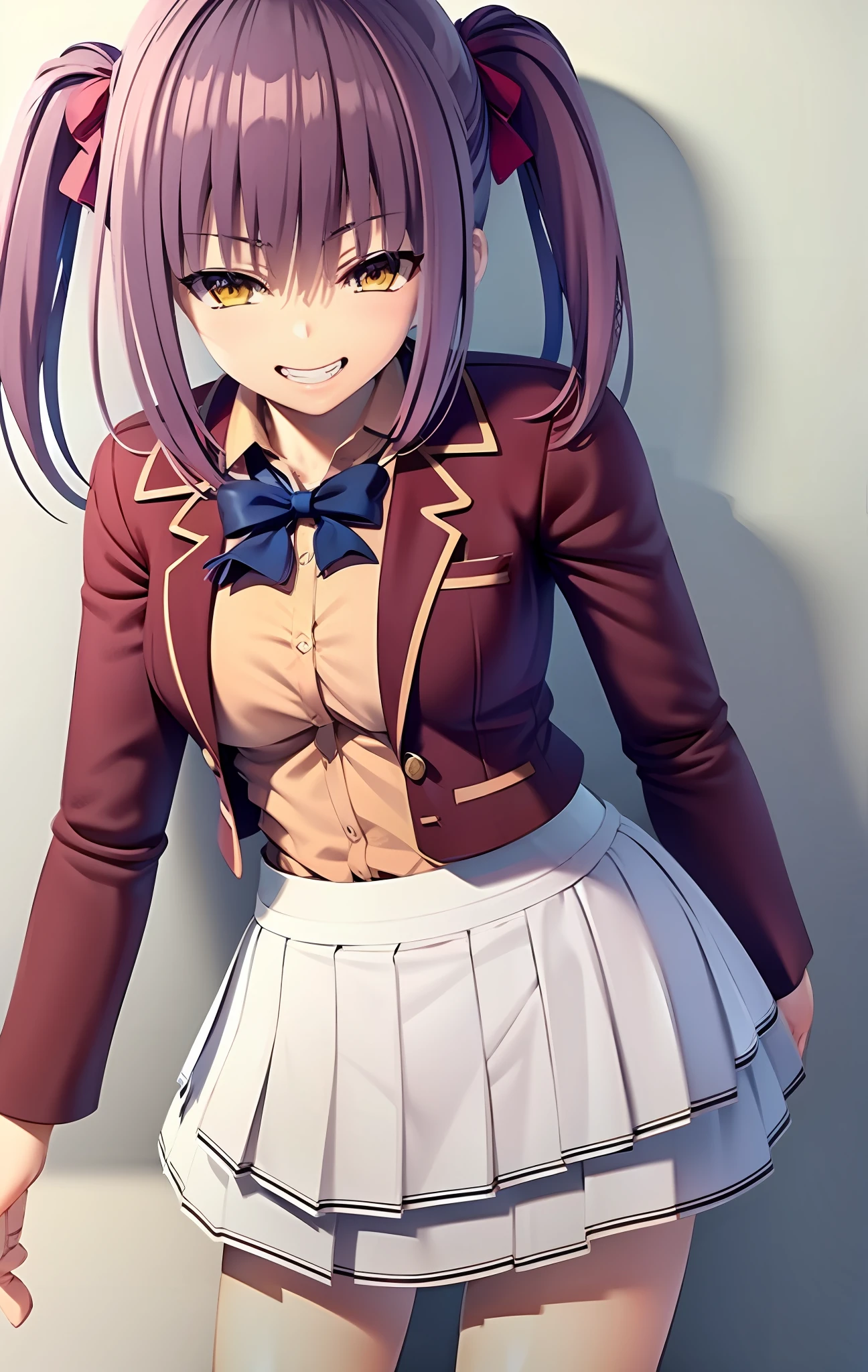 a woman in red school uniform,pink - purpule hair, yellow eyes, classroom, tails, (small breasts:1.2), an evil grin, slim
masterpeace, best quality, (extremely detailed CG:1.4), highly detailed faces