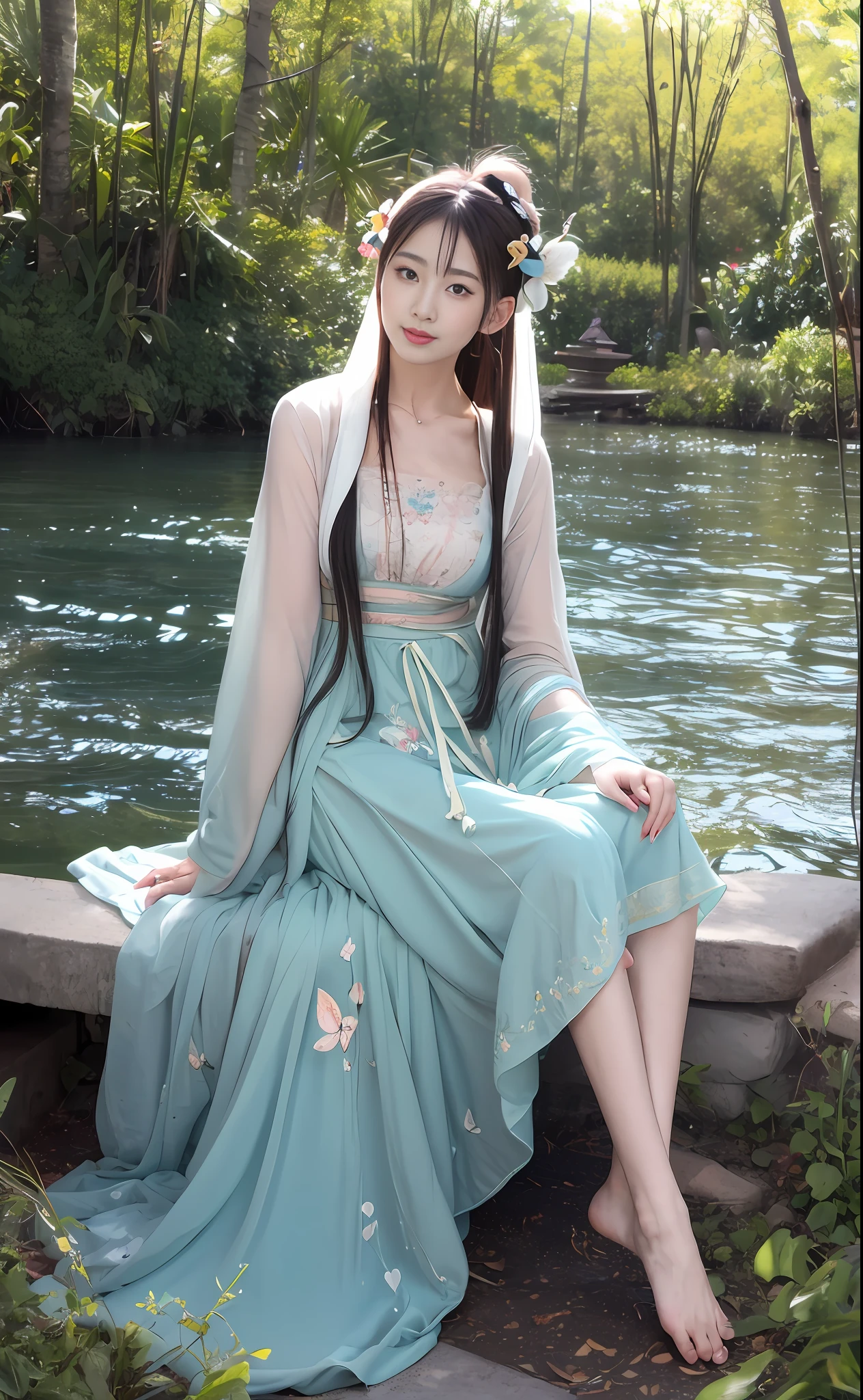 ((Masterpiece))), (Best Quality)), (Ultra Detailed), (Illustration), (Very Tasty and Beautiful), Dynamic, Floating, (Beautiful), (Light of Detail) 1 Girl, Pointy, Long Hair, Water, Solo, Elf, Seated, Half, White Hair, Chain, Green Eyes, Toeless Legs, Barefoot, Jewelry, Viewer, Feathers, Leaves, Nature, (Sunlight), River, (Forest), (Painting), (Sketch), (Blossom), (Portrait: 1.2), (Butterfly: 1.2), (Tindale effect), obscure, Hanfu