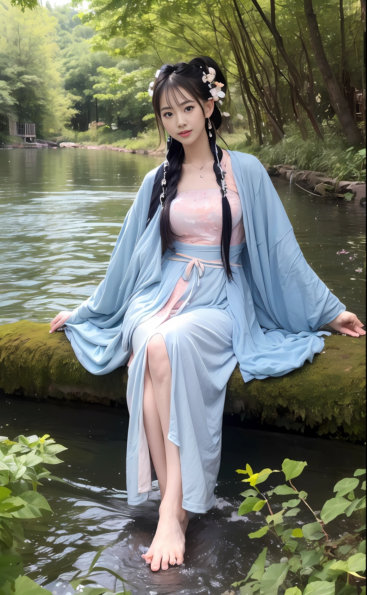 ((Masterpiece))), (Best Quality)), (Ultra Detailed), (Illustration), (Very Tasty and Beautiful), Dynamic, Floating, (Beautiful), (Light of Detail) 1 Girl, Pointy, Long Hair, Water, Solo, Elf, Seated, Half, White Hair, Chain, Green Eyes, Toeless Legs, Barefoot, Jewelry, Viewer, Feathers, Leaves, Nature, (Sunlight), River, (Forest), (Painting), (Sketch), (Blossom), (Portrait: 1.2), (Butterfly: 1.2), (Tindale effect), obscure, Hanfu