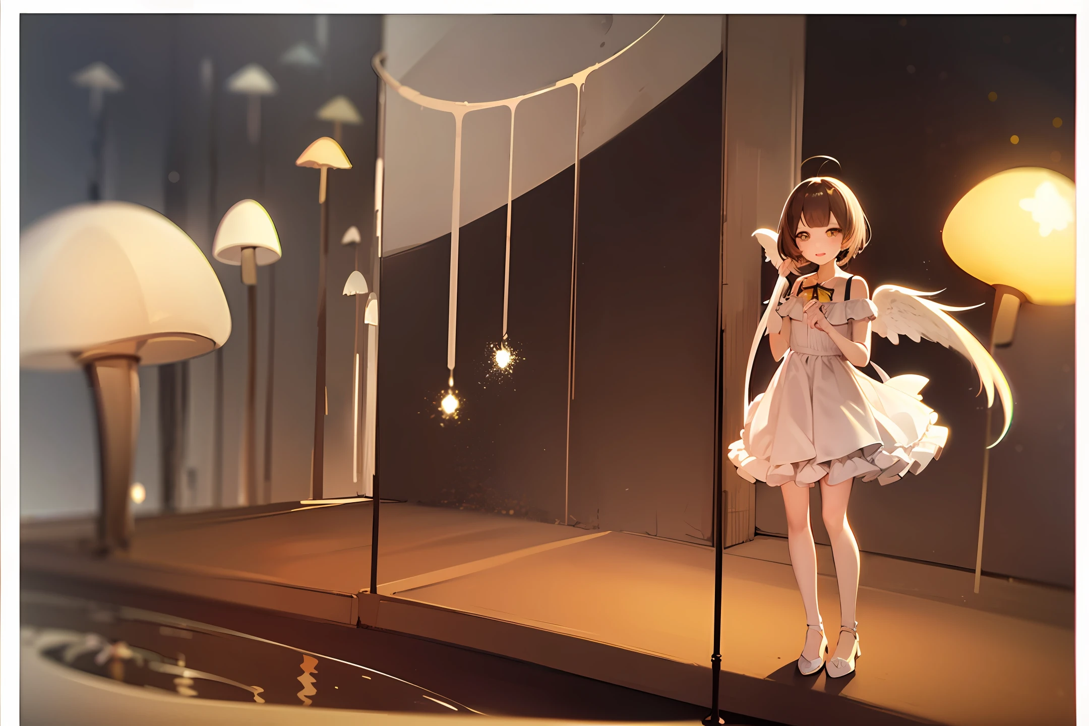 Campus background，11-year-old girl，Brown hair，Dark yellow 10cm heels，White top，cropped shoulders，chrysanthemums，Mushroom head，Light yellow bow，Short skirt in light yellow，Light yellow hair，light yellow eyes，white  clothes，thin very long legs，the angel's wings，Cute and sweet，Full body painting，high high quality。