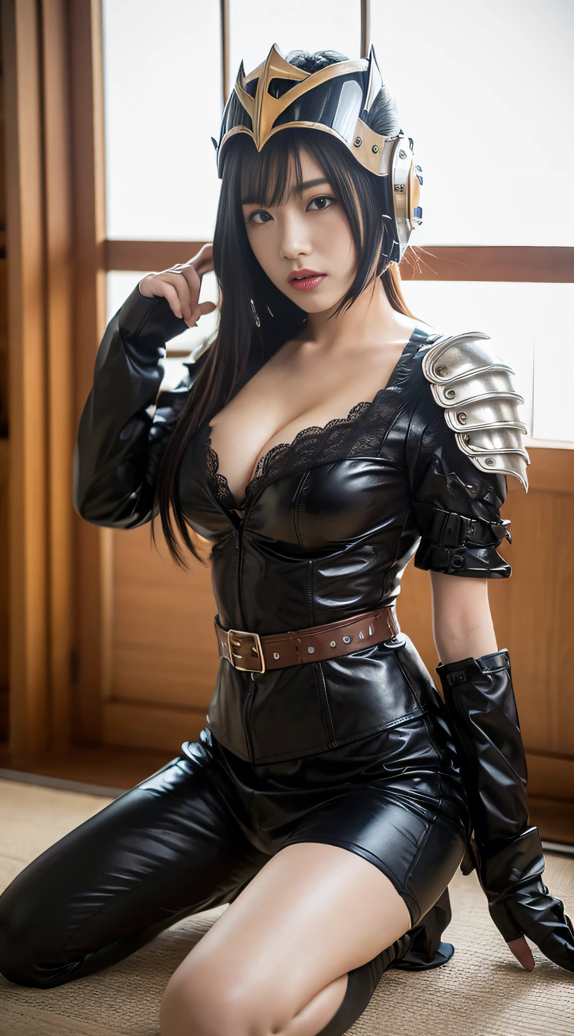 (8k high quality masterpiece, sexy female G cup 1 person: 1.3, black perspective: 1.1, super detailed face, double eyelids, transparent underwear, stroking chest, open legs), wearing helmet, cosplay, high leg, samurai, armor, armor, sword, Japan helmet, armor helmet, helmet celebration, oda nobunaga, Sengoku, warlord