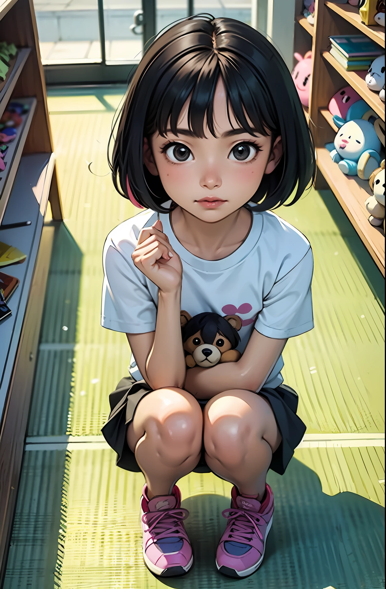 (masterpiece, best quality), (colorful:1.4), from above, solo, Dora the explorer squatting on the ground of a store with lots of stuffed animals on the shelves, depth of field,full head,pinky t shirt,cute,