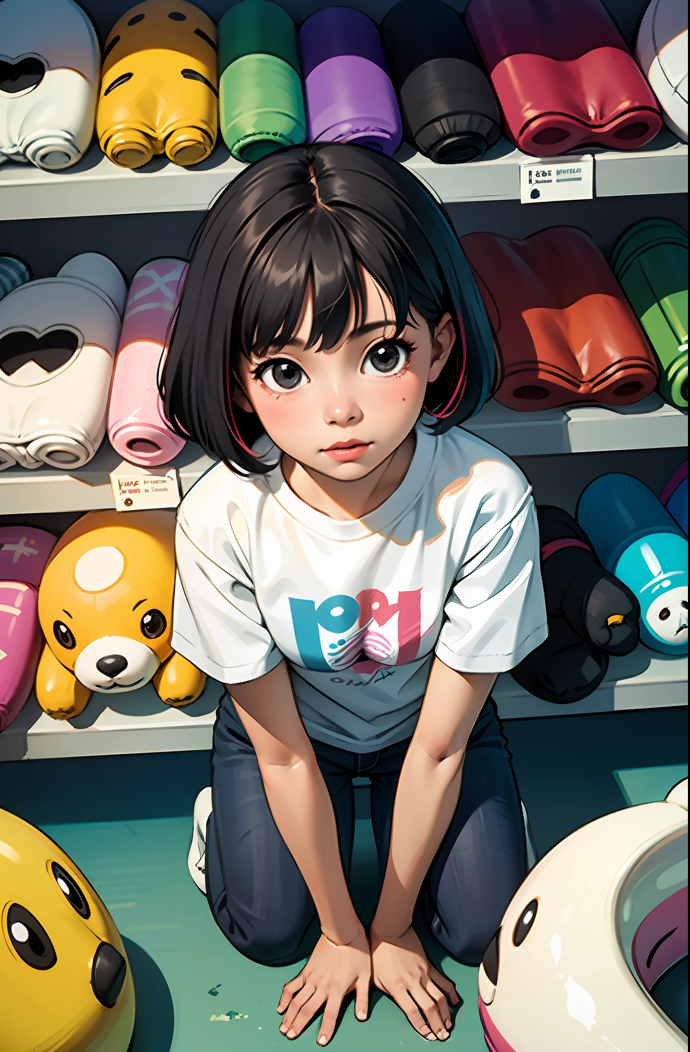 (masterpiece, best quality), (colorful:1.4), from above, solo, Dora the explorer squatting on the ground of a store with lots of stuffed animals on the shelves, depth of field,full head,pinky t shirt,cute,