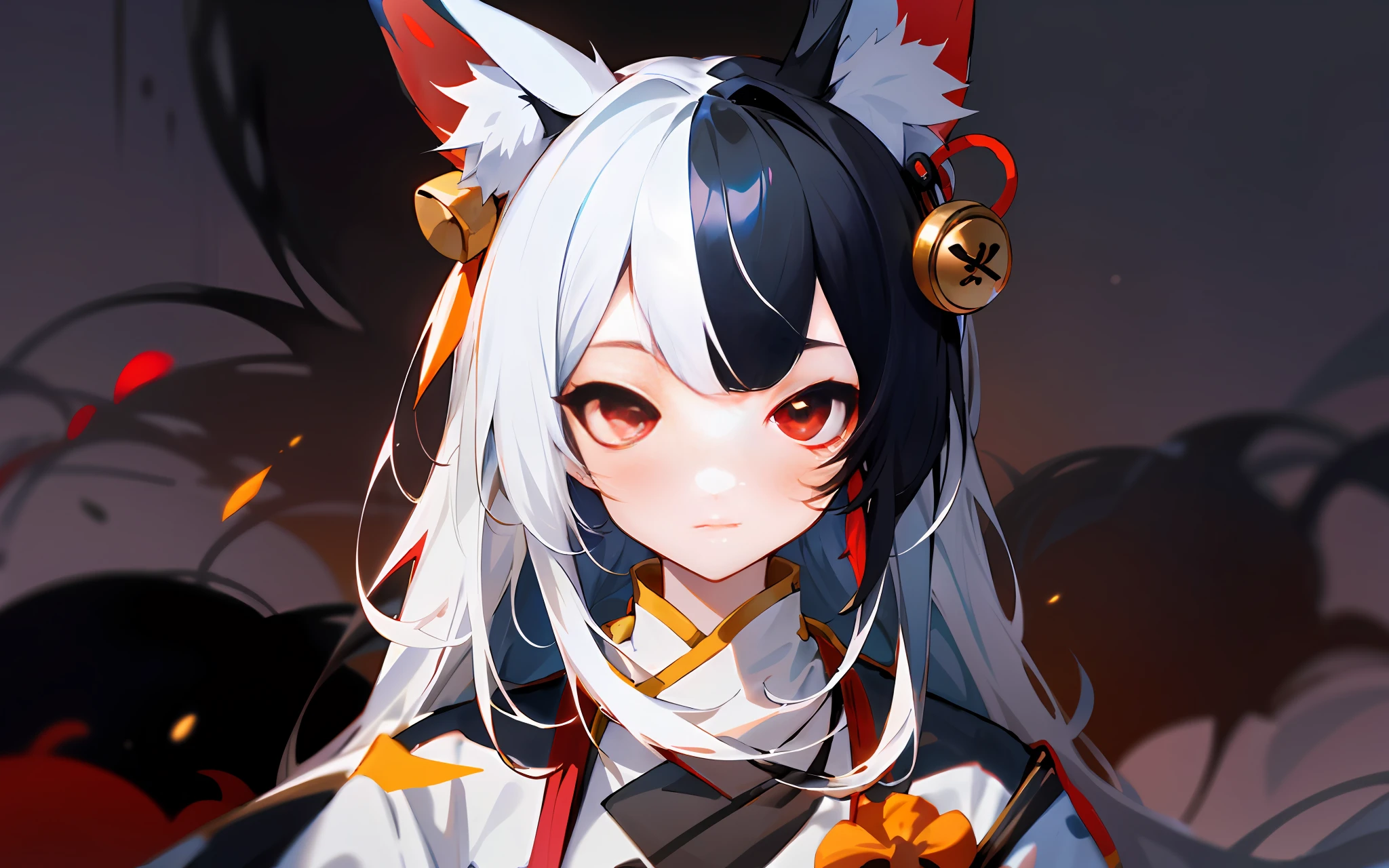 Anime girl with long black hair and red eyes in white and black outfits, azur lane style, onmyoji, Onmyoji detailed art, From Arknights, onmyoji portrait, White-haired fox, anime girl with cat ears, Very beautiful anime cat girl, Girl front ，Golden bells on the ears，high qulity，adolable