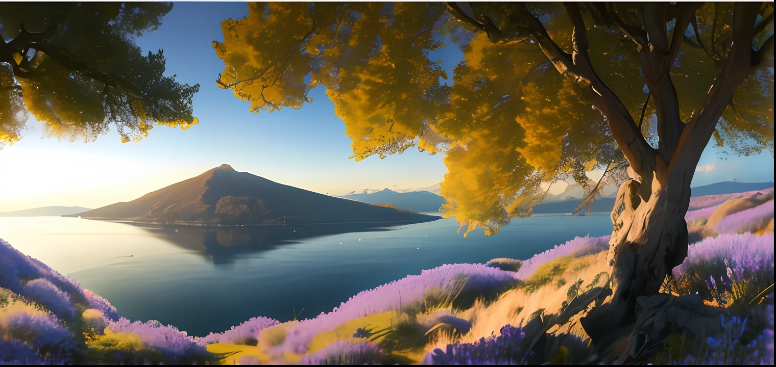 Summer, meadows, few small flowers, clear lakes, sheep, heaven, large clouds, blue sky, hot weather, HD detail, wet watermark, hyper-detail, cinematic, surrealism, soft light, deep field focus bokeh, distant view is snowy mountains, ray tracing, and surrealism. --v6