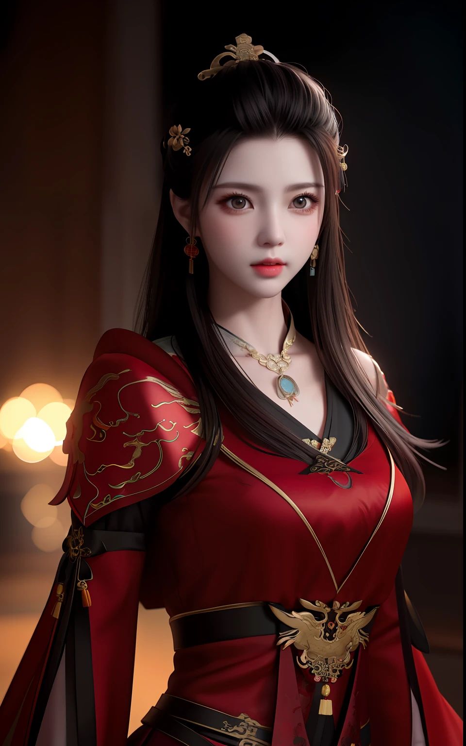 Black and red color scheme，Chinese dragon style Hanfu cheongsam，tender feelings，k hd，detail in face，detail in face，eye detailed，Ultra photo realsisim，+ Cinema lenses + dynamic compositions，incredibly detailed，Sharpen，the detail +superbly fine details+Night of lights+perfectionism