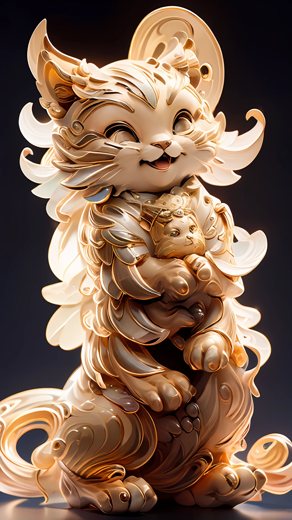in the shape of a cat,Bling background,Dreamy colors,Transparent statue,florals,Big eyes,golden colored,Open-mouthed,laughingly,tmasterpiece,(best qualtiy:1.3), full bodyesbian,Ling_Long