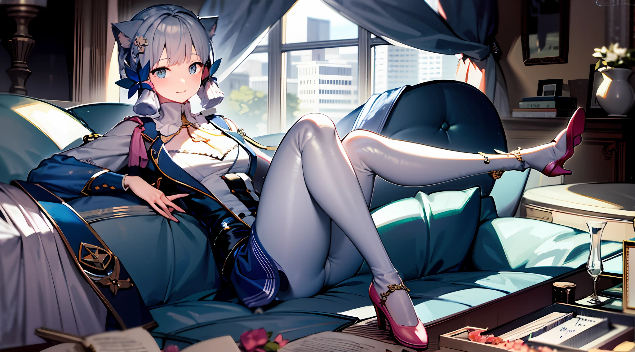 Beautiful interior scene，A shy expression，Soft blur effect，The cat's ears and tail decorate the body，White tight-fitting leather jacket，cat ear，Cat tail，lying on sofa，Barefoot