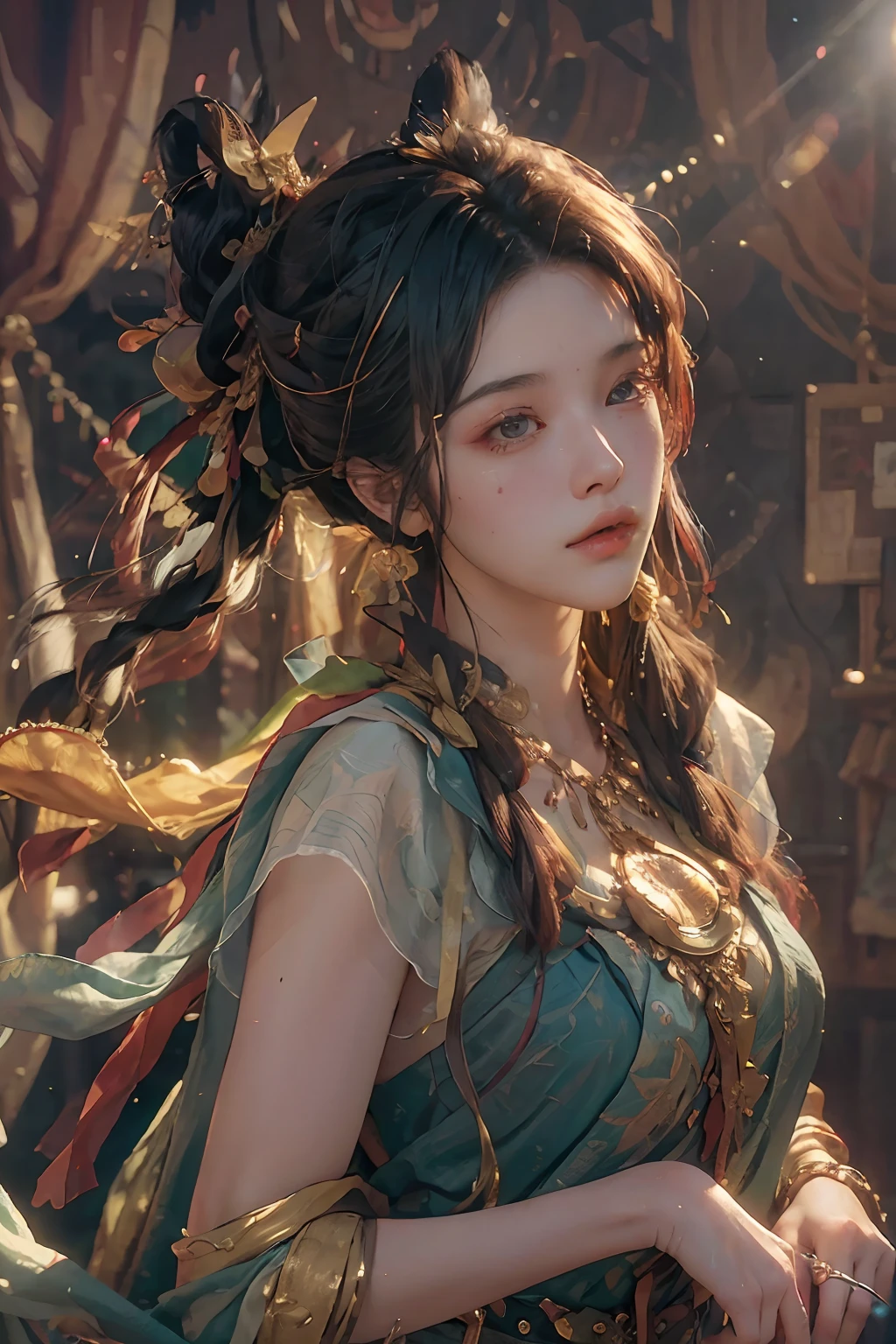 (RAW photo, best quality), (realistic, photo-realistic:1.3),best quality,highly detailed,masterpiece,ultra-detailed,illustration,1girl,upper_body,dynamic angle,world masterpiece theater,messy_long_hair,best quality,extremely detailed CG unity 8k wallpaper,ink,Amazing,cinematic lighting,lens_flare, dunhuang_style