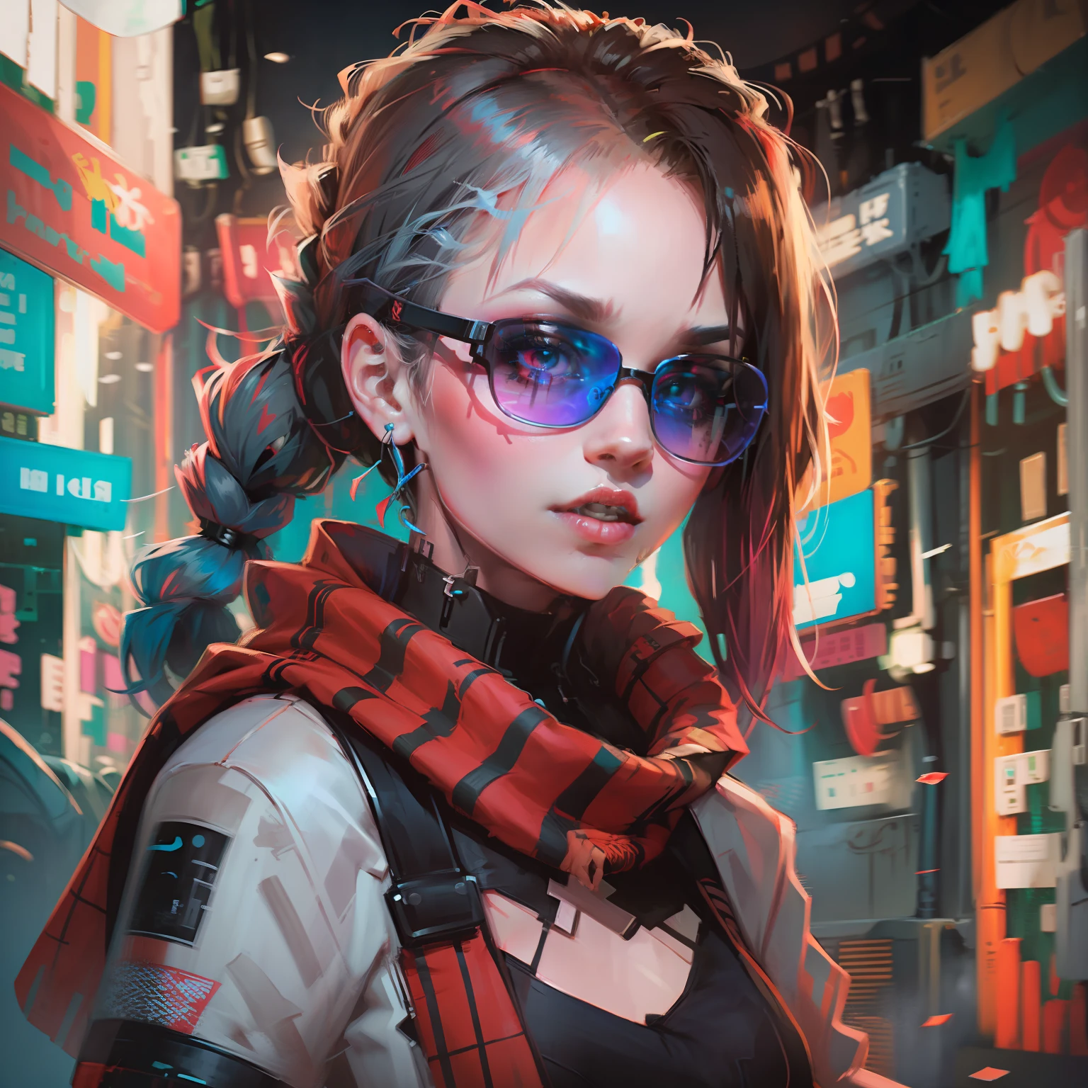 highly detailed portrait of a sewer emo punk beautiful lady student, sunglasses, red eyes, tartan scarf, random color hair by atey ghailan gradient orange, black, brown and magenta color scheme, grunge aesthetic, graffiti tag wall background, cyberpunk, korean