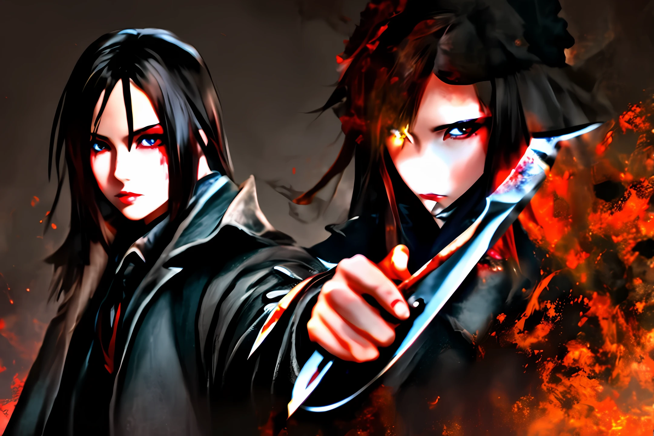 eventide,Long knives,black greatcoat,brunette color hair,Red eyes,Blood,high qulity