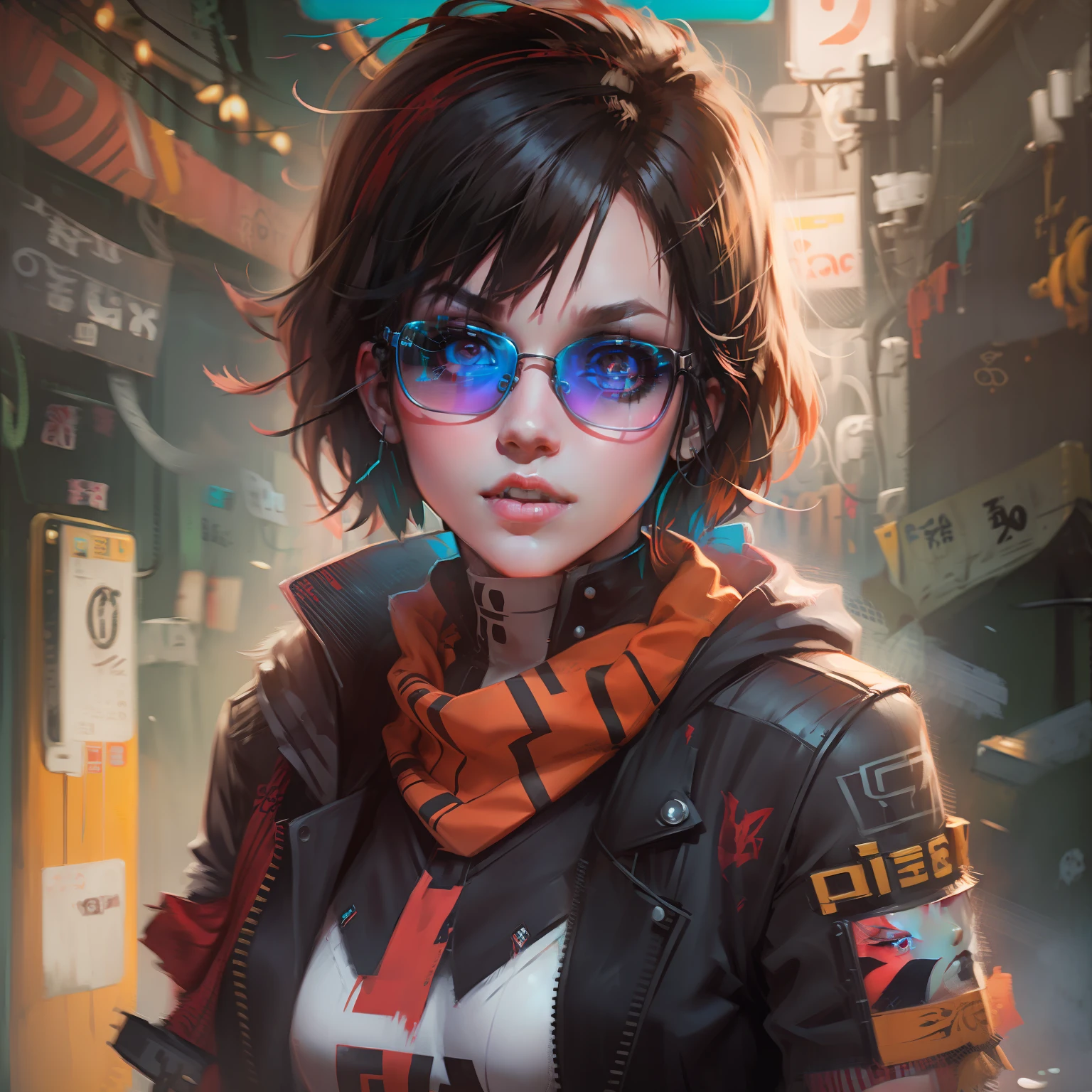 highly detailed portrait of a sewer emo punk beautiful lady student, sunglasses, red eyes, tartan scarf, random color hair by atey ghailan gradient orange, black, brown and magenta color scheme, grunge aesthetic, graffiti tag wall background, cyberpunk, korean