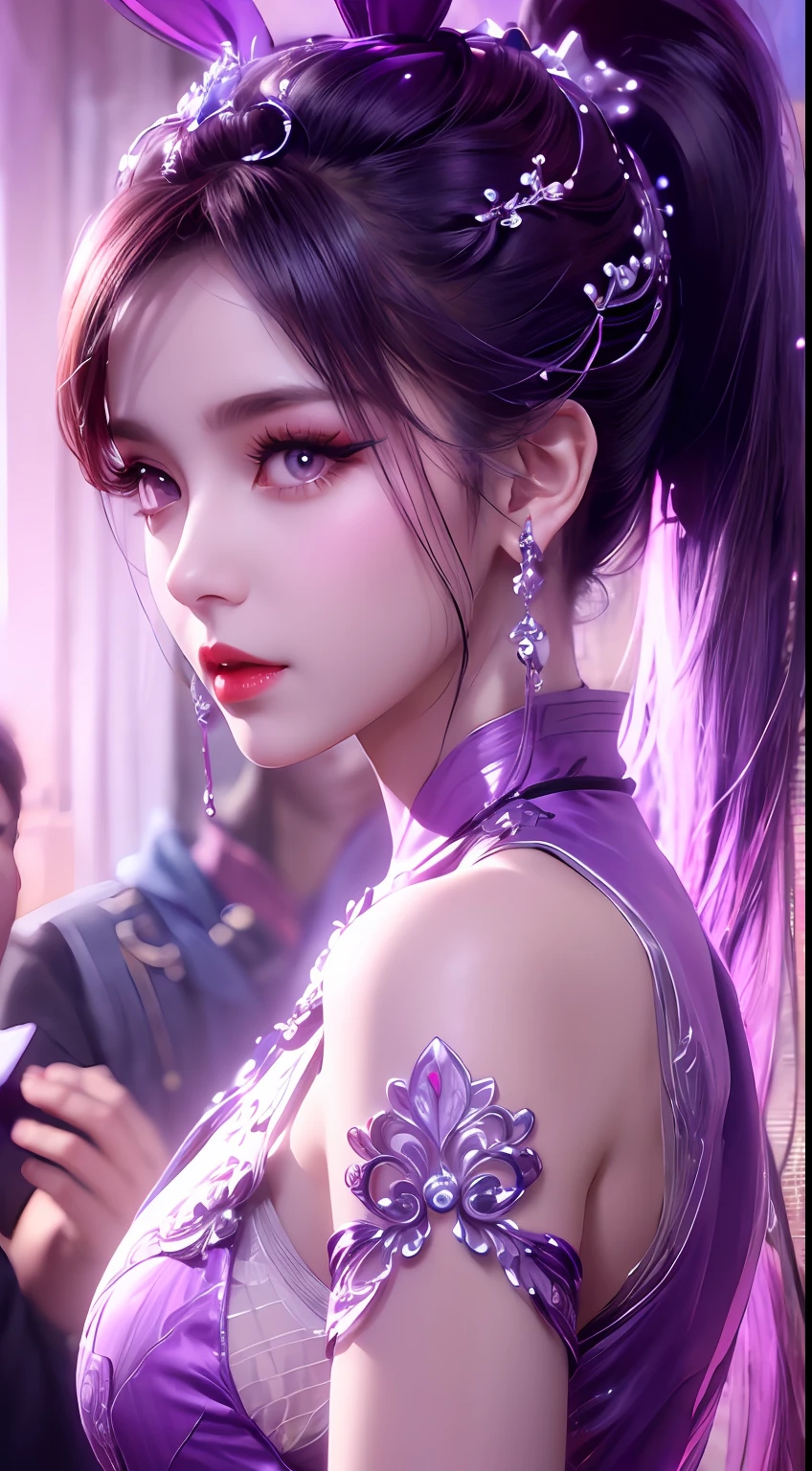 1 very beautiful girl in hanfu dress, thin purple silk shirt with many white motifs, white lace top, long bangs and long ponytail in purple platinum, gorgeous hair jewelry, pretty face and cute, flawless face, earring jewelry, light purple bunny ears, neck jewelry, big purple eyes drawn meticulously, meticulous makeup, thin eyebrows, high nose, red lips pretty, no smile, pursed lips, rosy cheeks, wide breasts, big breasts, well-proportioned bust, slim waist, purple mesh socks, Chinese hanfu style, fictional art patterns, vivid colors and legs real , RAW photo, realistic photo, ultra high quality 8k surreal photo, (fantasy light effect: 1.8), 10x pixels, magic effect (background): 1.8), super detailed eyes , beautiful girl upper body portrait, girl alone, ancient hanfu background, looking directly at the audience, wide original photo, 8k quality, super sharp, most detailed and clear picture, detailed light background,