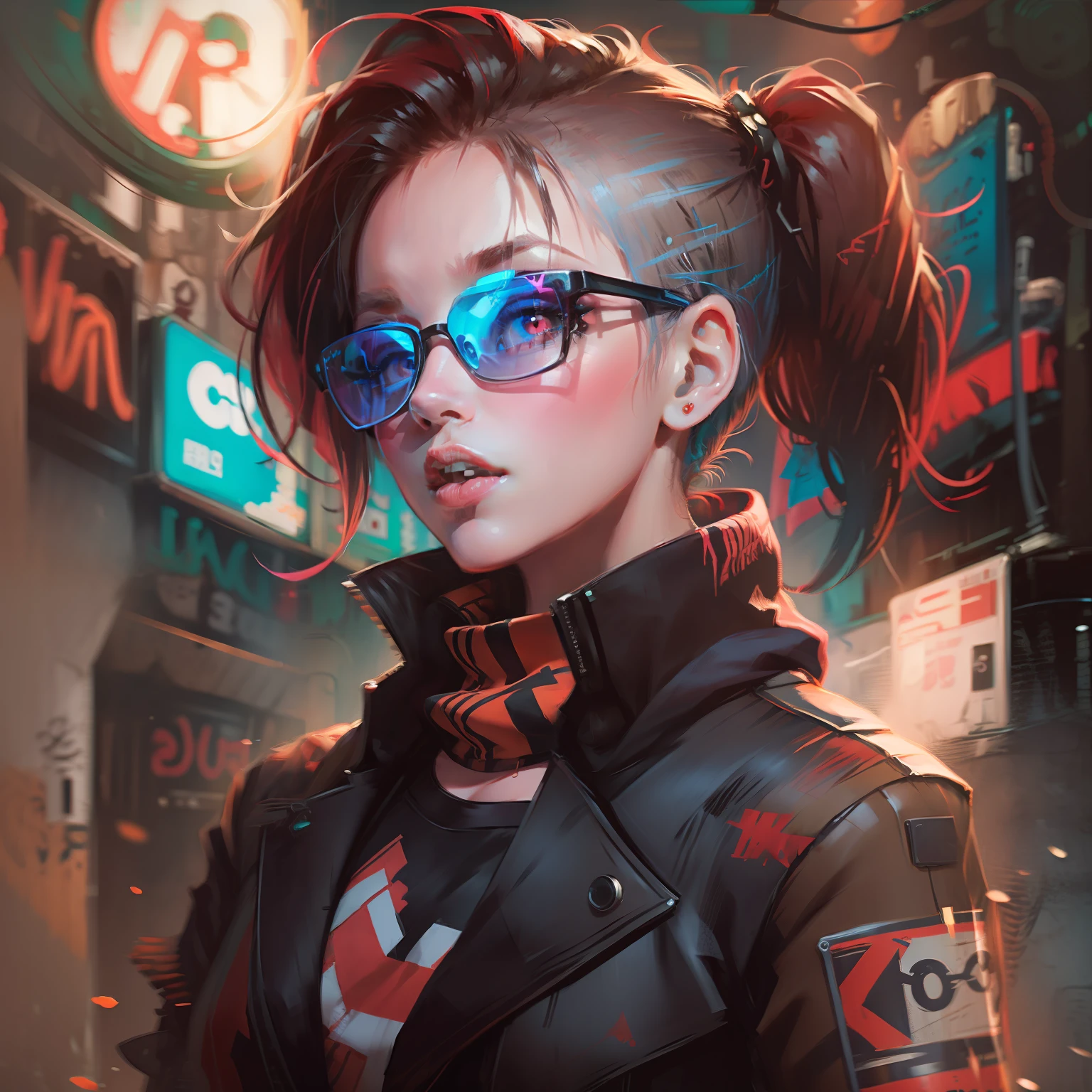 highly detailed portrait of a sewer emo punk beautiful lady student, sunglasses, red eyes, tartan scarf, random color hair by atey ghailan gradient orange, black, brown and magenta color scheme, grunge aesthetic, graffiti tag wall background, cyberpunk, korean