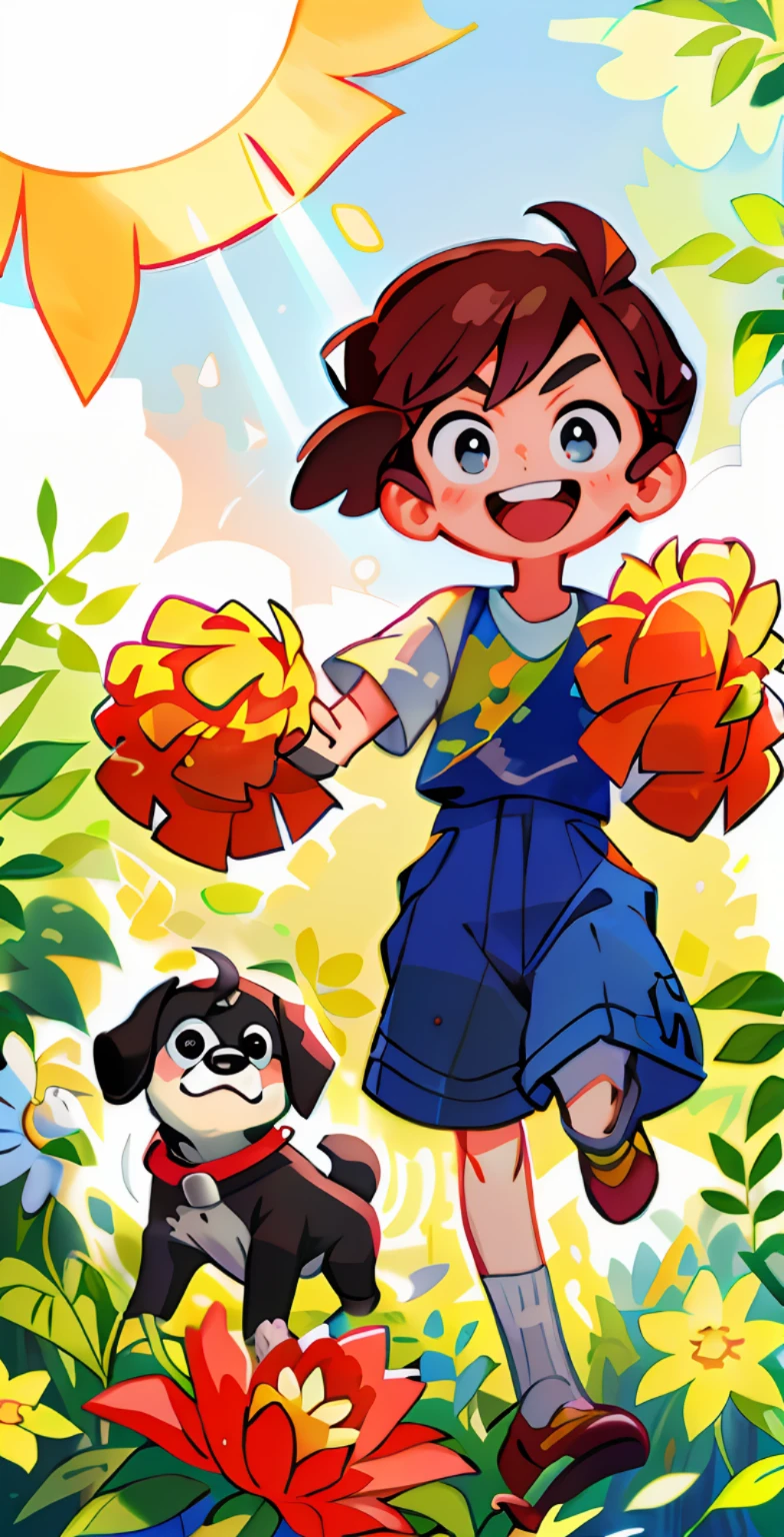 Cartoon boy with dog and flowers in field, offcial art, Official artwork, Mobile game art, colorful kids book illustration, concept art of single boy, Game art, Official illustration, childrens art in artstation, official character illustration