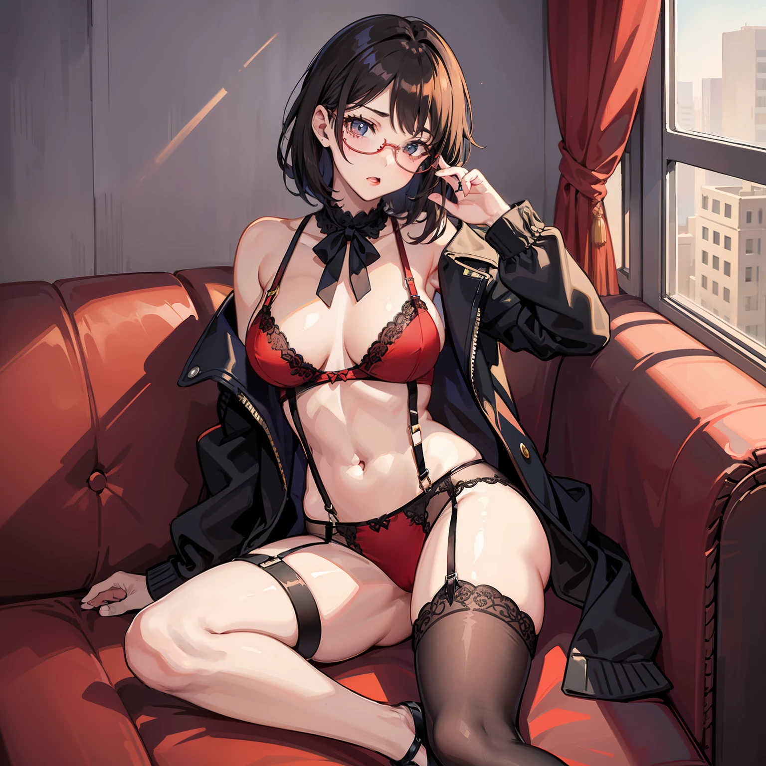 On the couch on the highway sits a man in red lace underwear，black suspenders stockings，wears glasses，No coat，D-cups，18 year old girl in red high heels