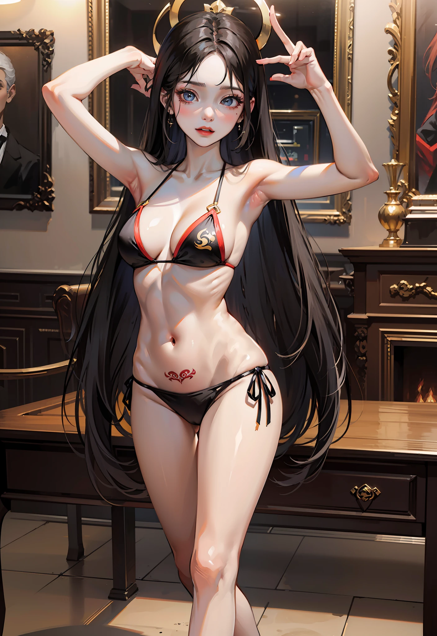 1Mulher, cabelo de rabo de cavalo, arms up, (pele colorida, Pele cinza:1.2), Olhos vermelhos, sozinho, Presas de vampiro afiadas, delineador, corada, cabelo vermelho cacheado, medium breasts, tatuagem, micro high cut bikini, olhando para o espectador, maquiagem, boca aberta, fundo gradiente, standing on her feet , pernas abertas, virilha exposta, camelo, corpo inteiro,