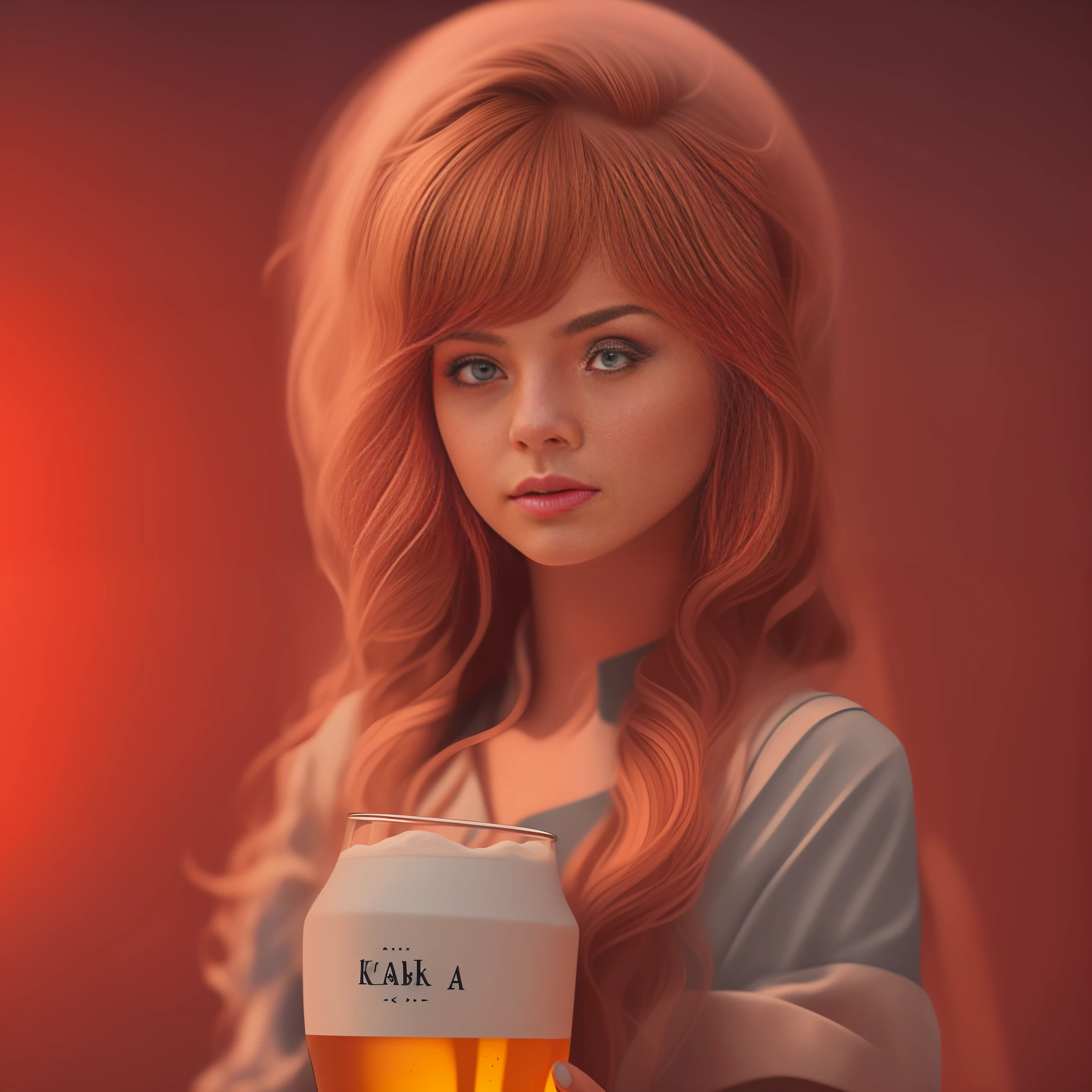 wonderland girl holding a cup of beer, background words 'KABZON', detailed, 4k, cinematic perspective,