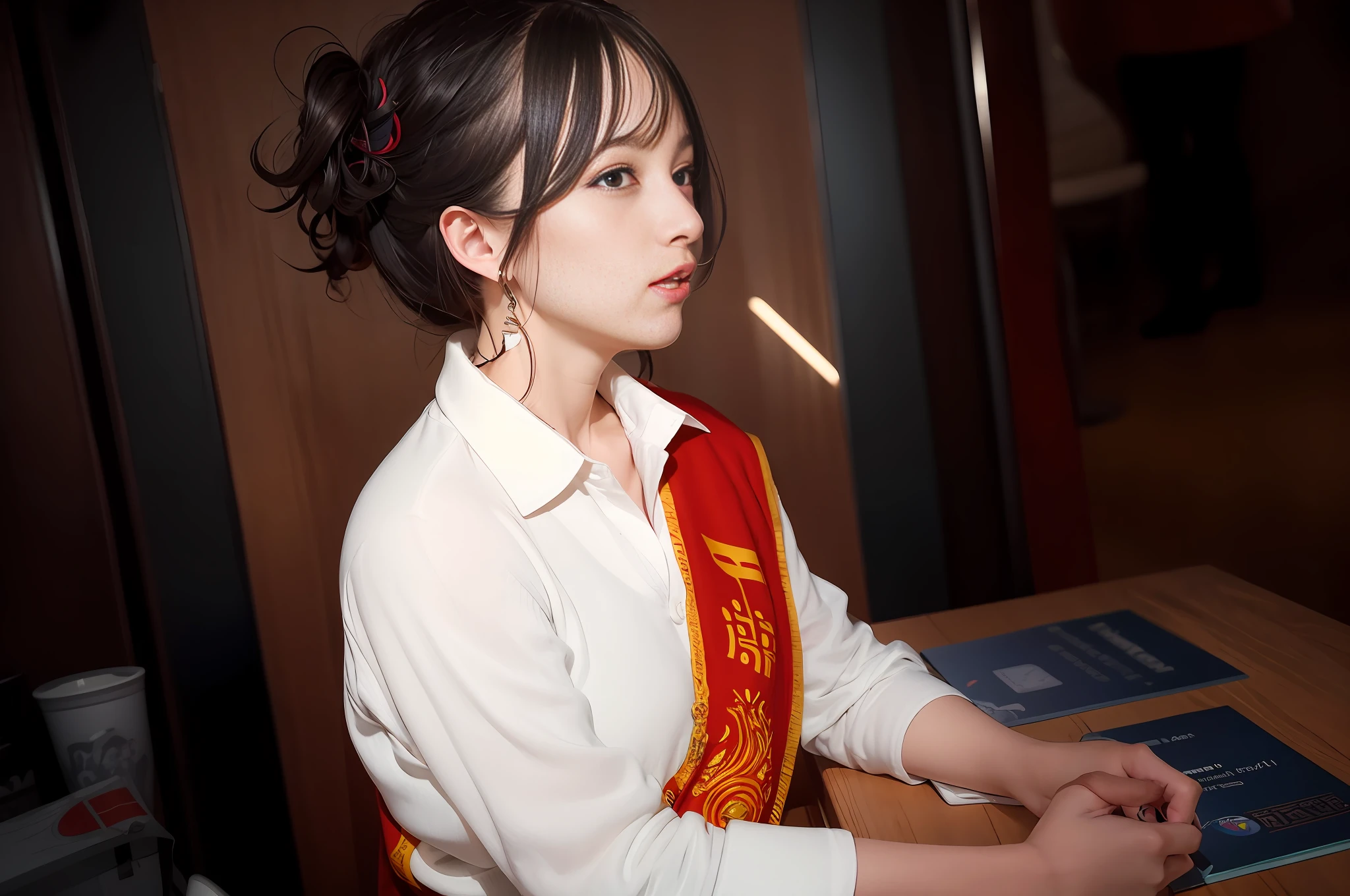 there is a woman sitting at a table with a book, Shot on Canon EOS R 6, professional cosplay, Anime girl cosplay, Anime cosplay, Makoto Shinkai ( apex legends ), cosplay foto, taken with canon eos 5 d mark iv, Also, taken with canon 5d mk4, taken with sony alpha 9, Surrealism female students, Surrealism female students