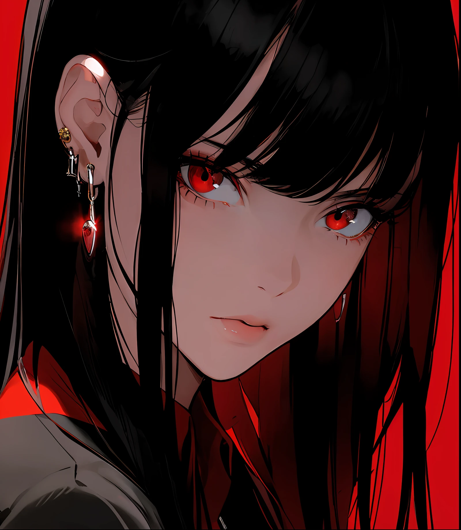 Anime girl with black hair and red eyes staring at the camera, with red glowing eyes, with glowing red eyes, with red eyes, Glowing red eyes, fully red eyes, Red-eyed, red - eyed, red eyes glowing, Red eyes, Red glowing eyes, Bright red eyes, luminous red eyes, Sharp red eyes, intense watery glowing red eyes
